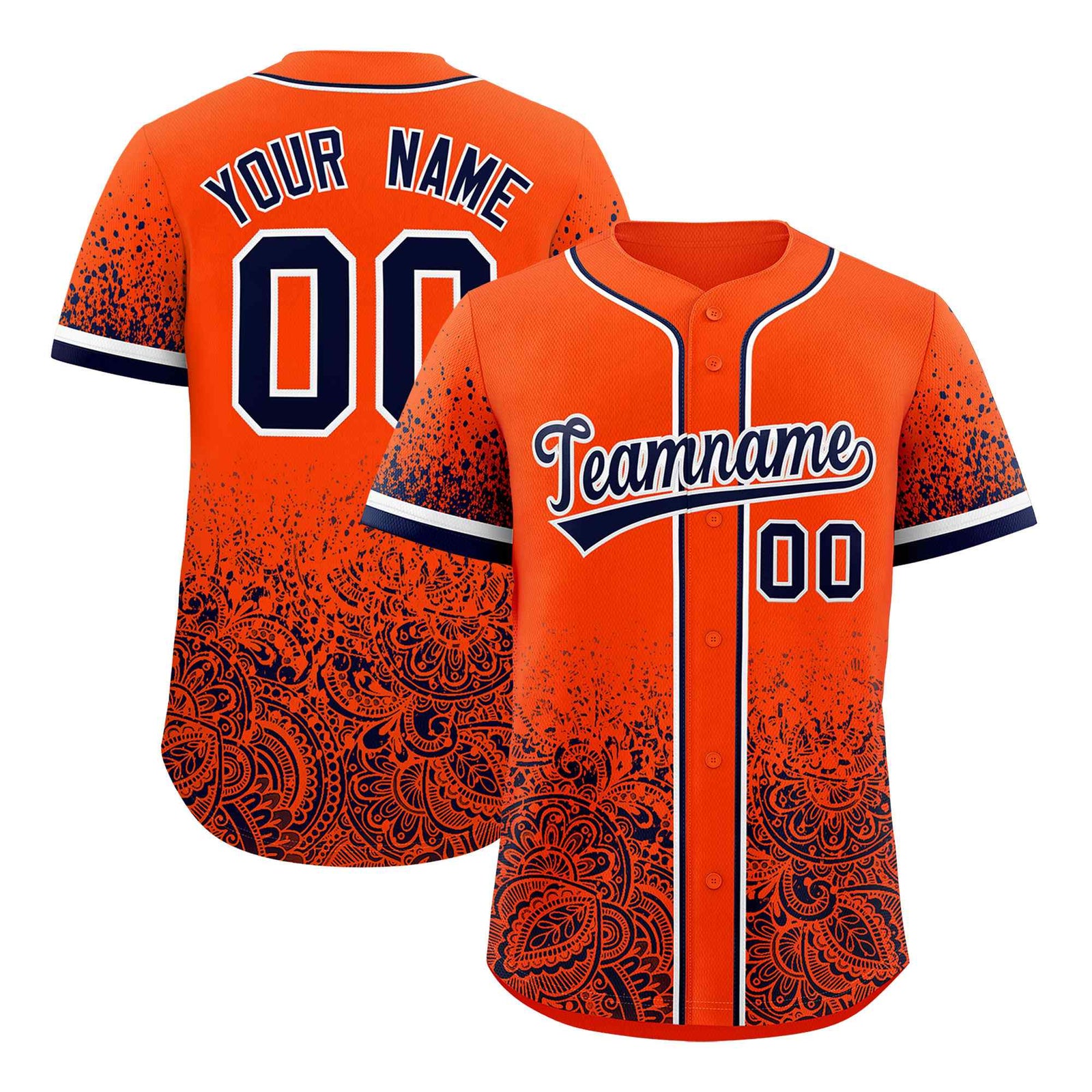 Custom Orange Navy Floral Print Pattern Full Button Gradient Fashion Baseball Jersey
