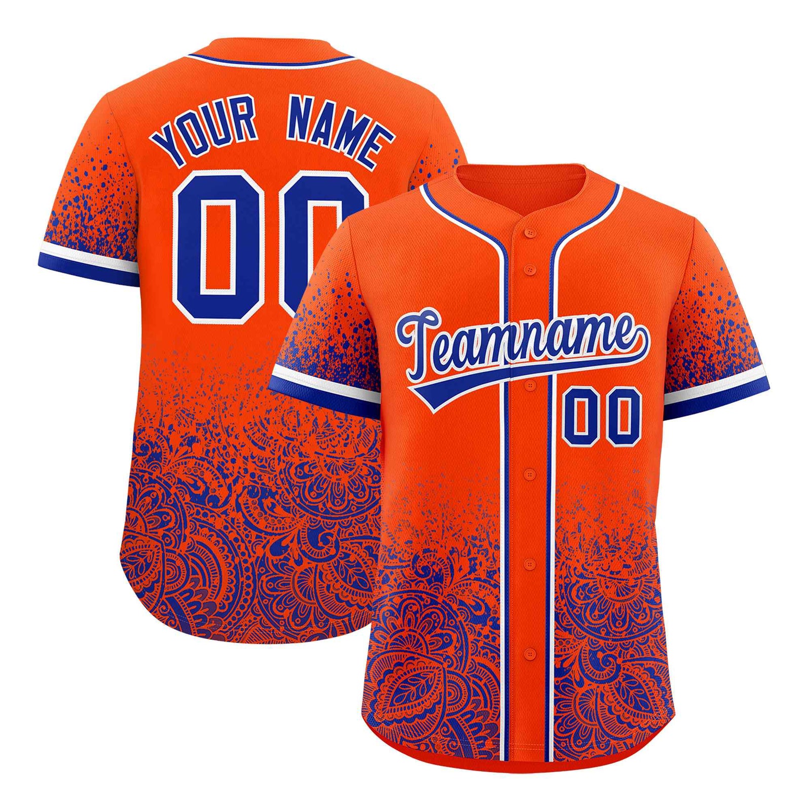 Custom Orange Royal Floral Print Pattern Full Button Gradient Fashion Baseball Jersey