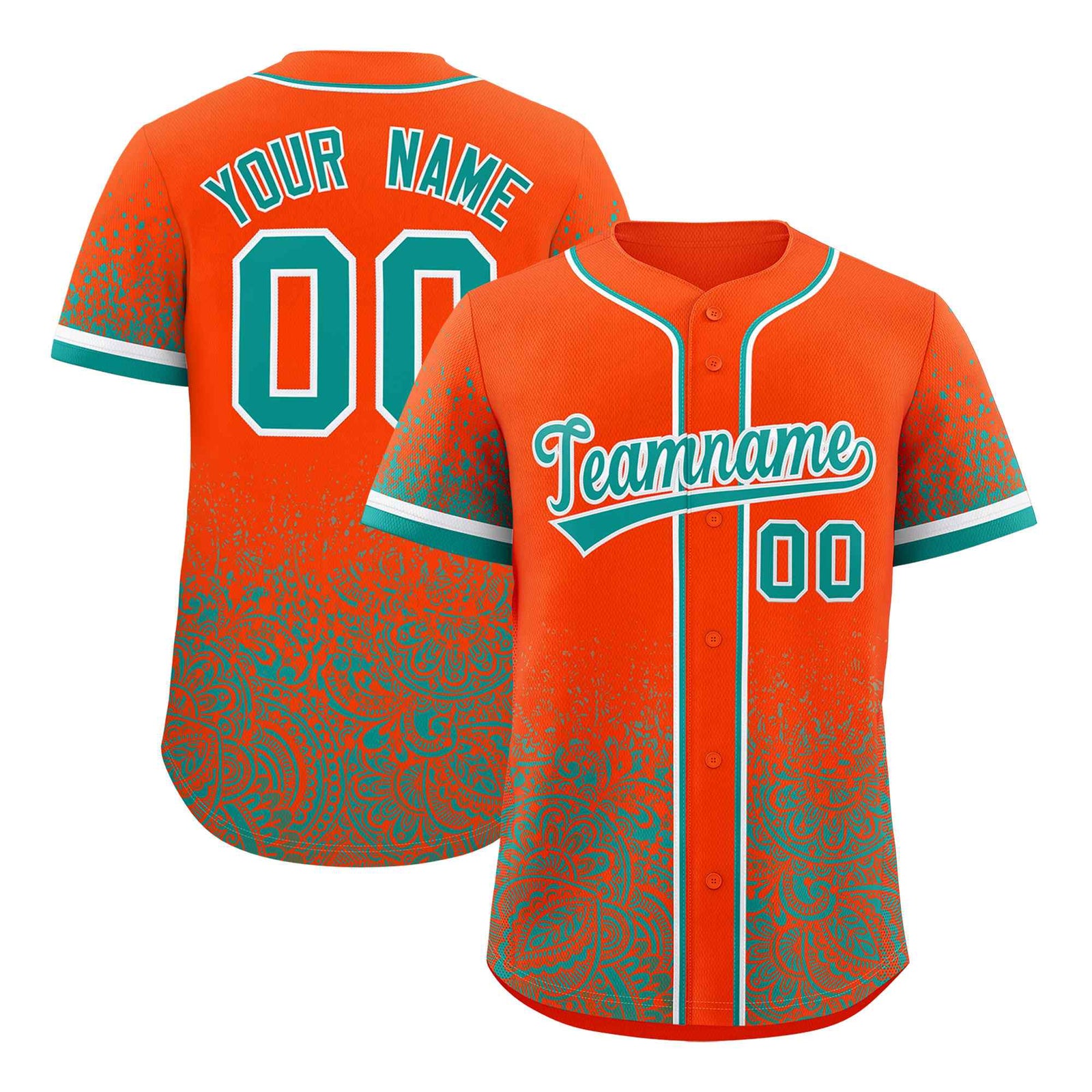 Custom Orange Aqua Floral Print Pattern Full Button Gradient Fashion Baseball Jersey