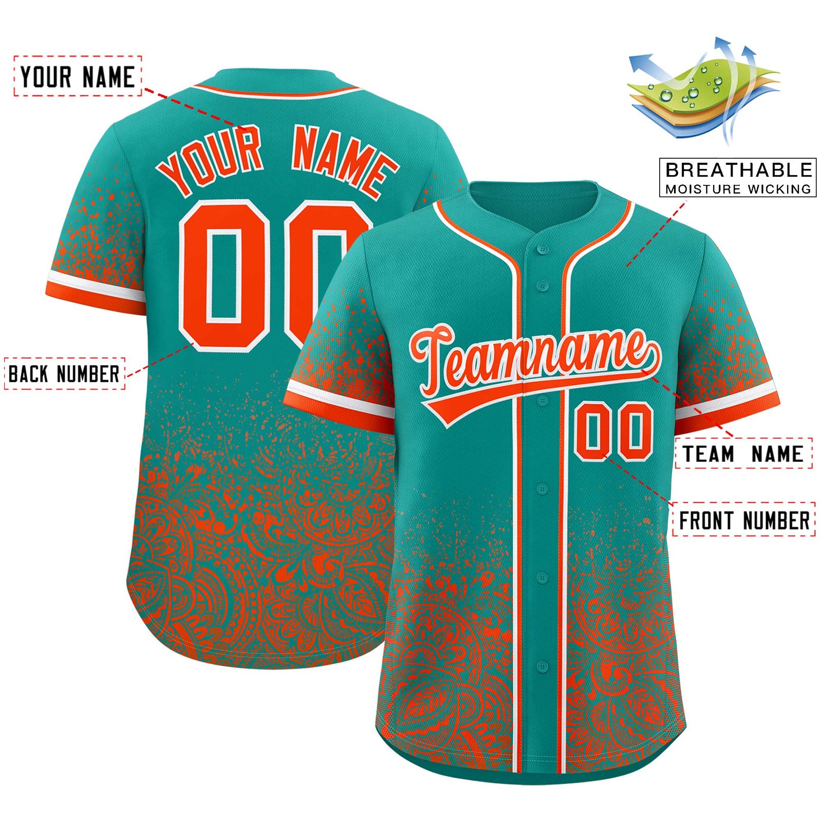 Custom Aqua Orange Floral Print Pattern Full Button Gradient Fashion Baseball Jersey