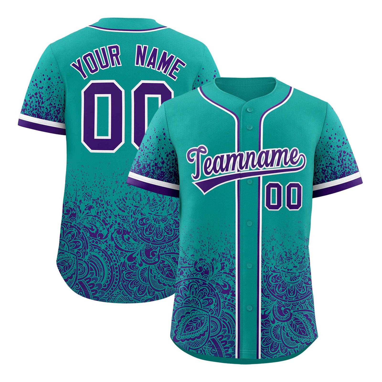 Custom Aqua Purple Floral Print Pattern Full Button Gradient Fashion Baseball Jersey