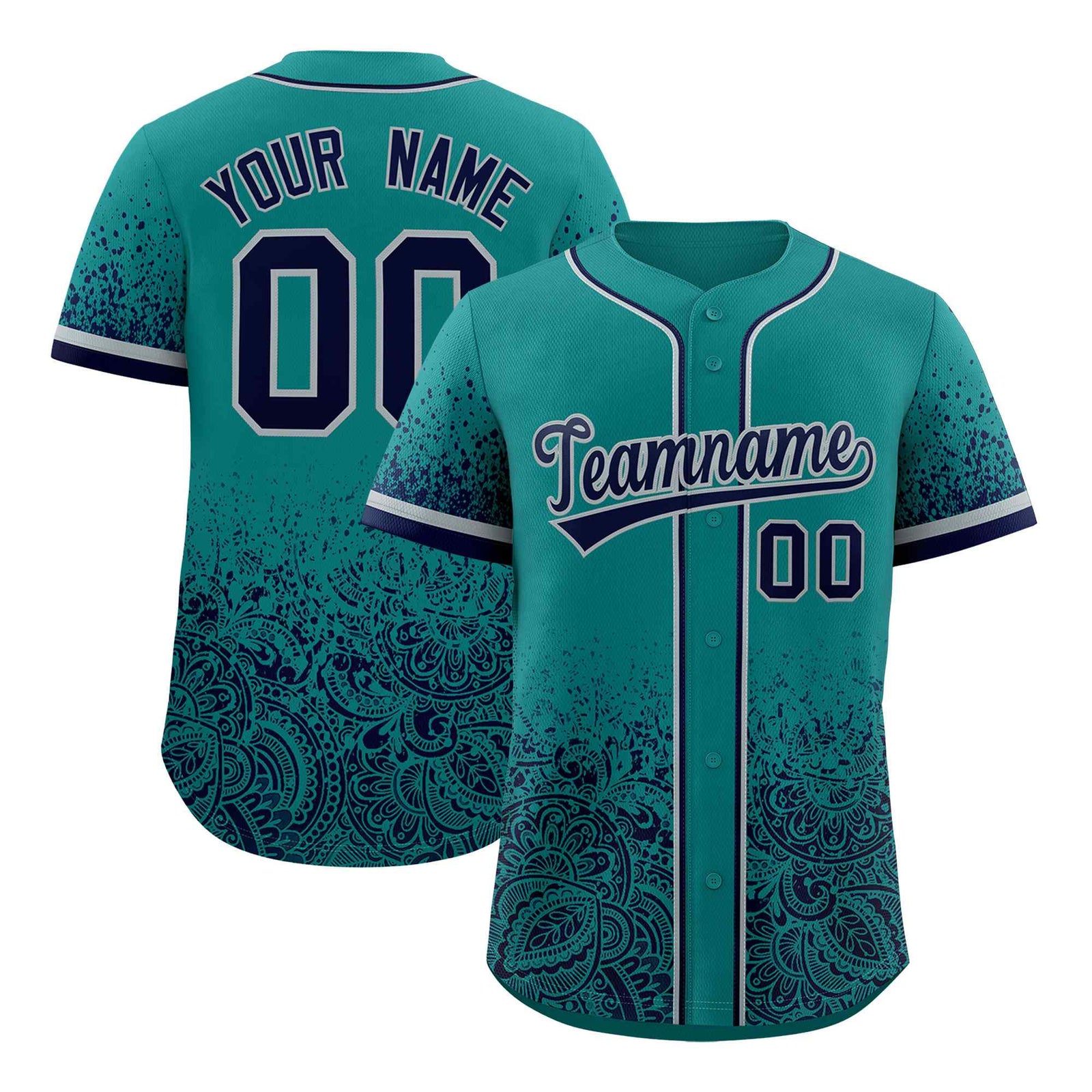 Custom Teal Navy Floral Print Pattern Full Button Gradient Fashion Baseball Jersey