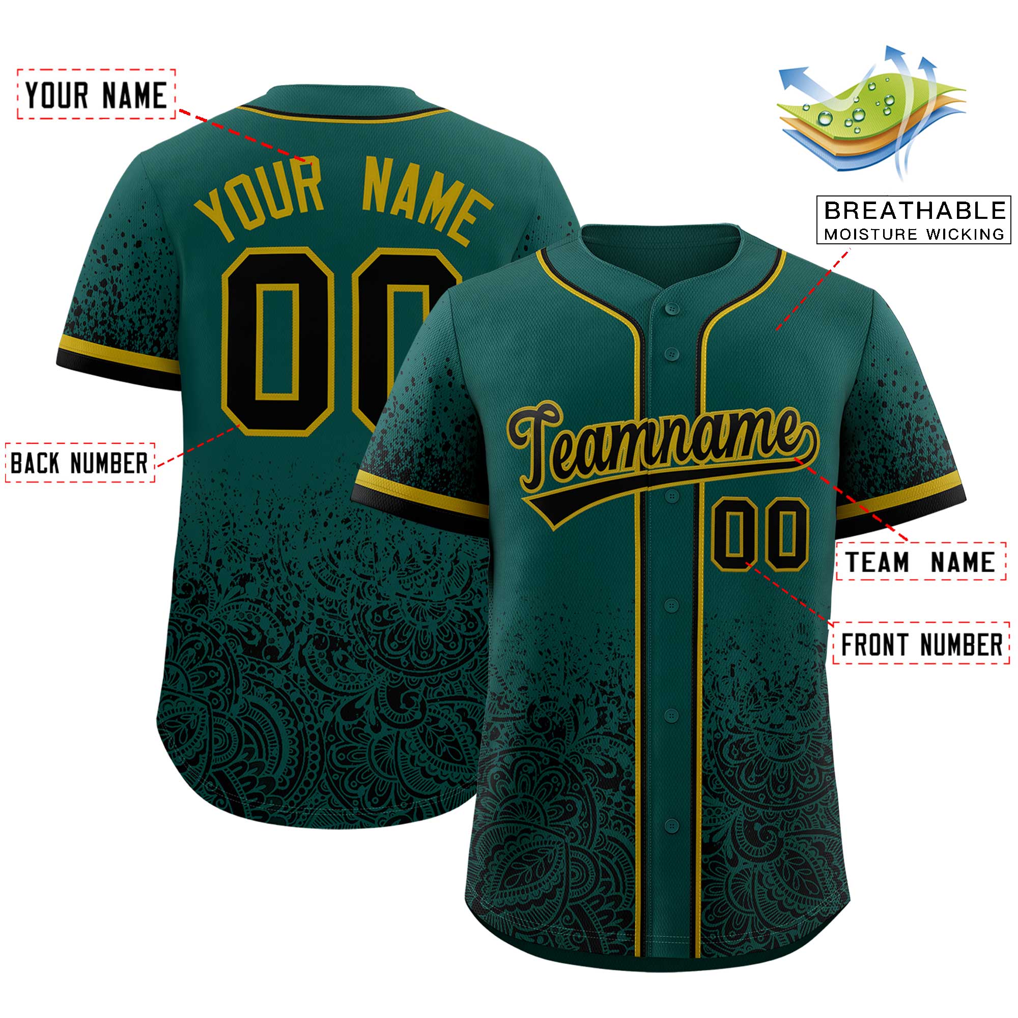 Custom Midnight Green Black Floral Print Pattern Full Button Gradient Fashion Baseball Jersey