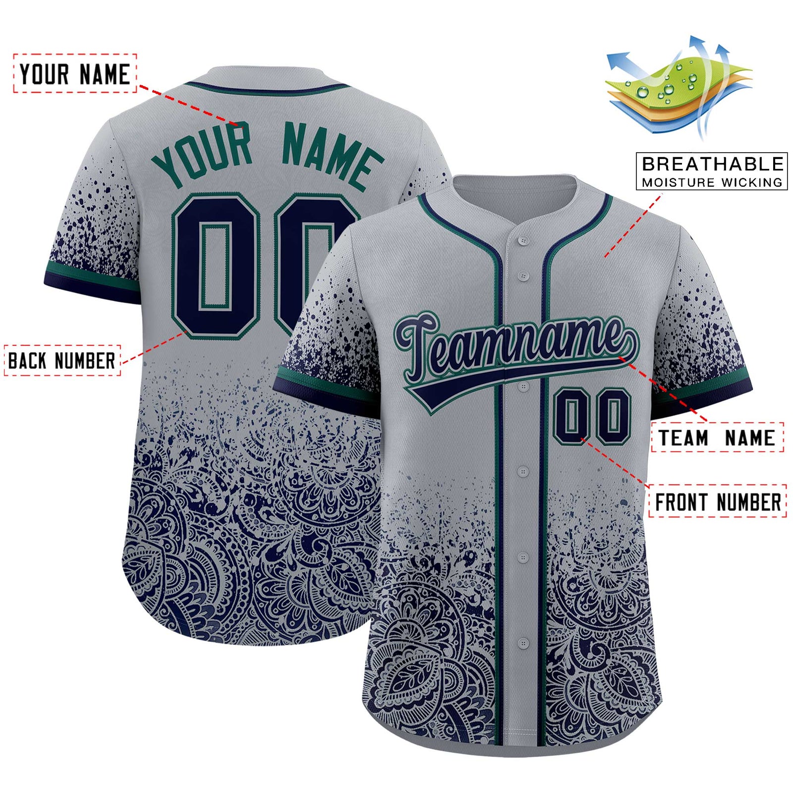 Custom Gray Navy Floral Print Pattern Full Button Gradient Fashion Baseball Jersey