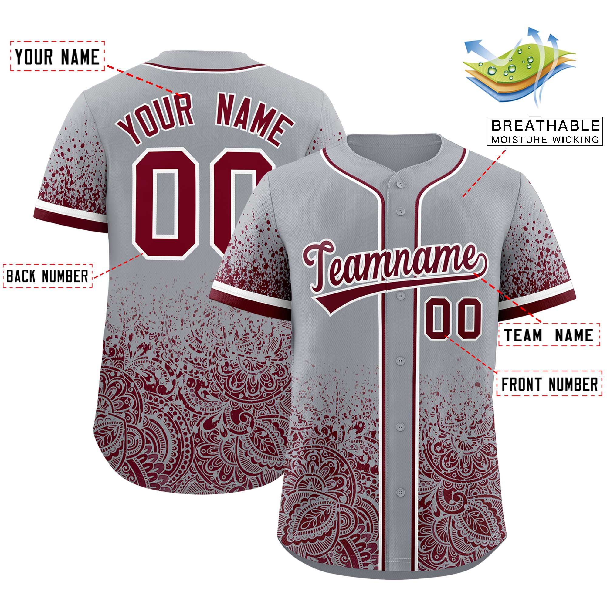 Custom Gray Crimson Floral Print Pattern Full Button Gradient Fashion Baseball Jersey