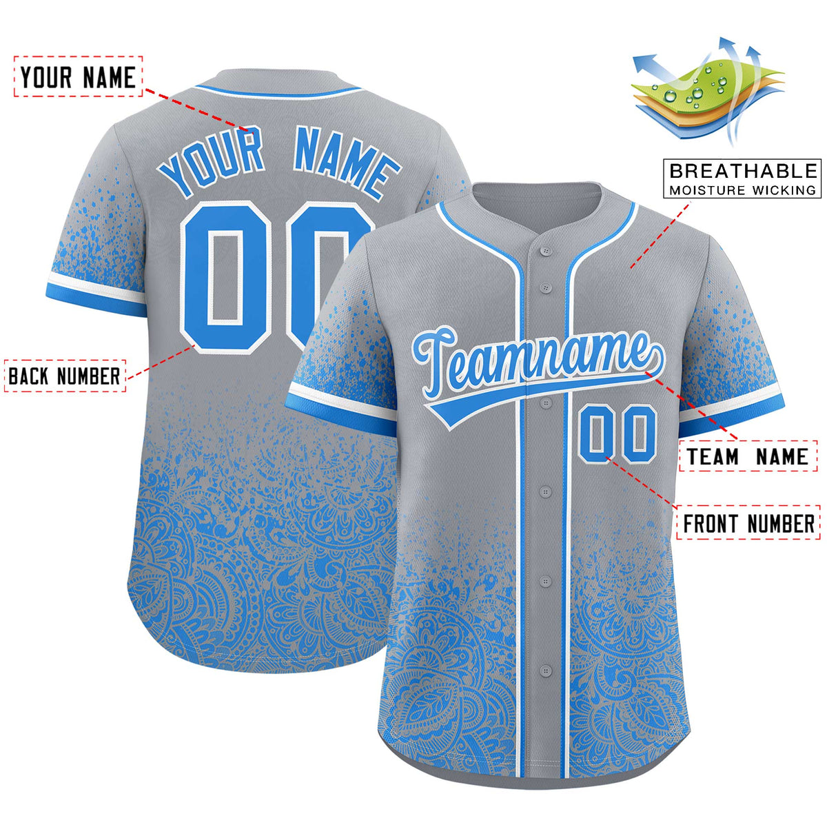 Custom Gray Light Blue Floral Print Pattern Full Button Gradient Fashion Baseball Jersey