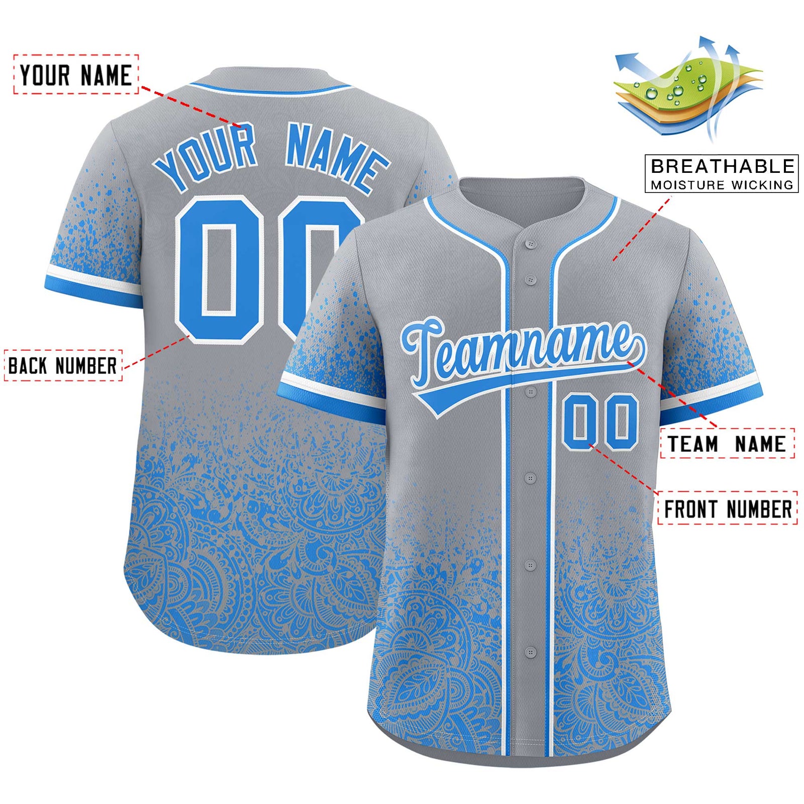 Custom Gray Light Blue Floral Print Pattern Full Button Gradient Fashion Baseball Jersey