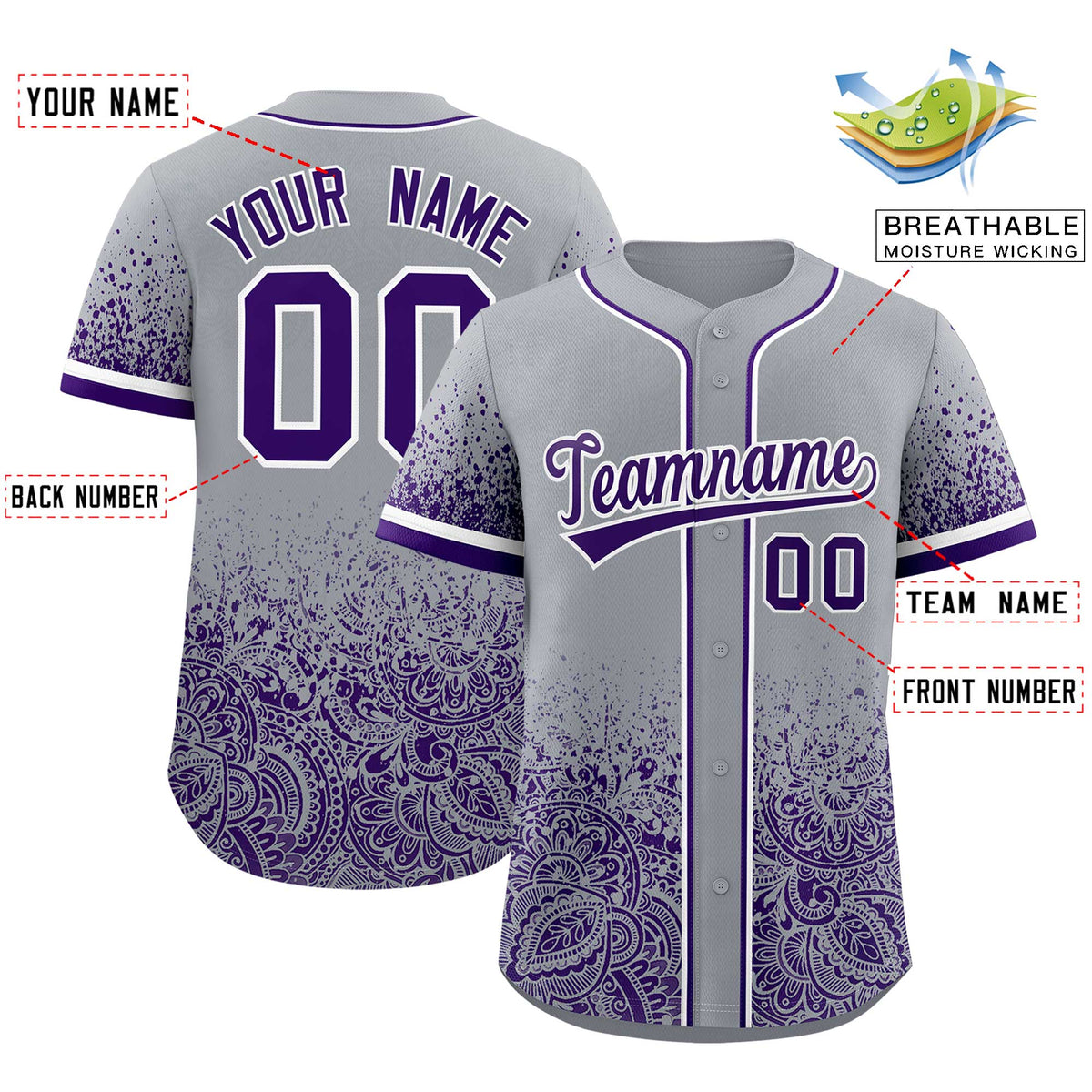 Custom Gray Purple Floral Print Pattern Full Button Gradient Fashion Baseball Jersey