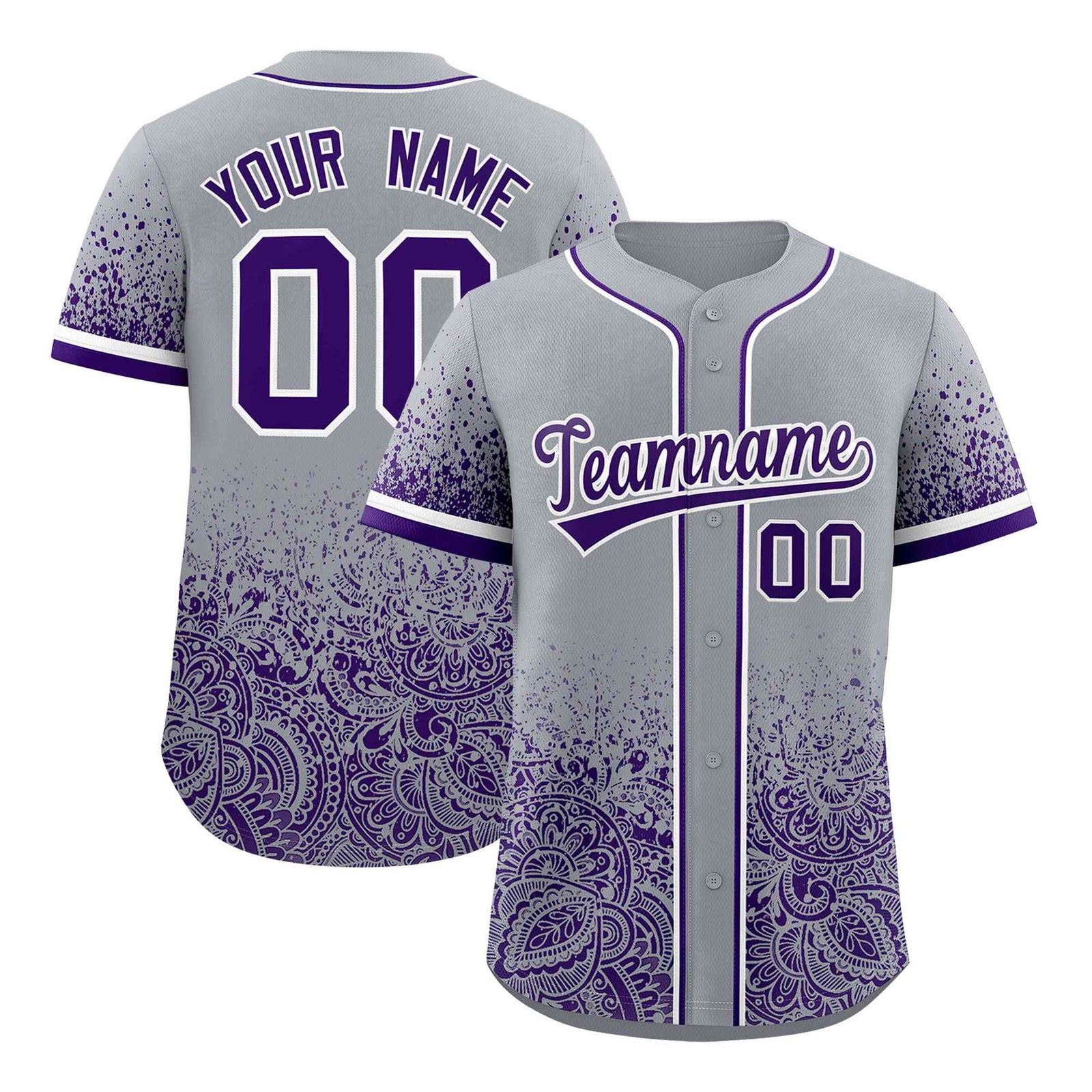 Custom Gray Purple Floral Print Pattern Full Button Gradient Fashion Baseball Jersey