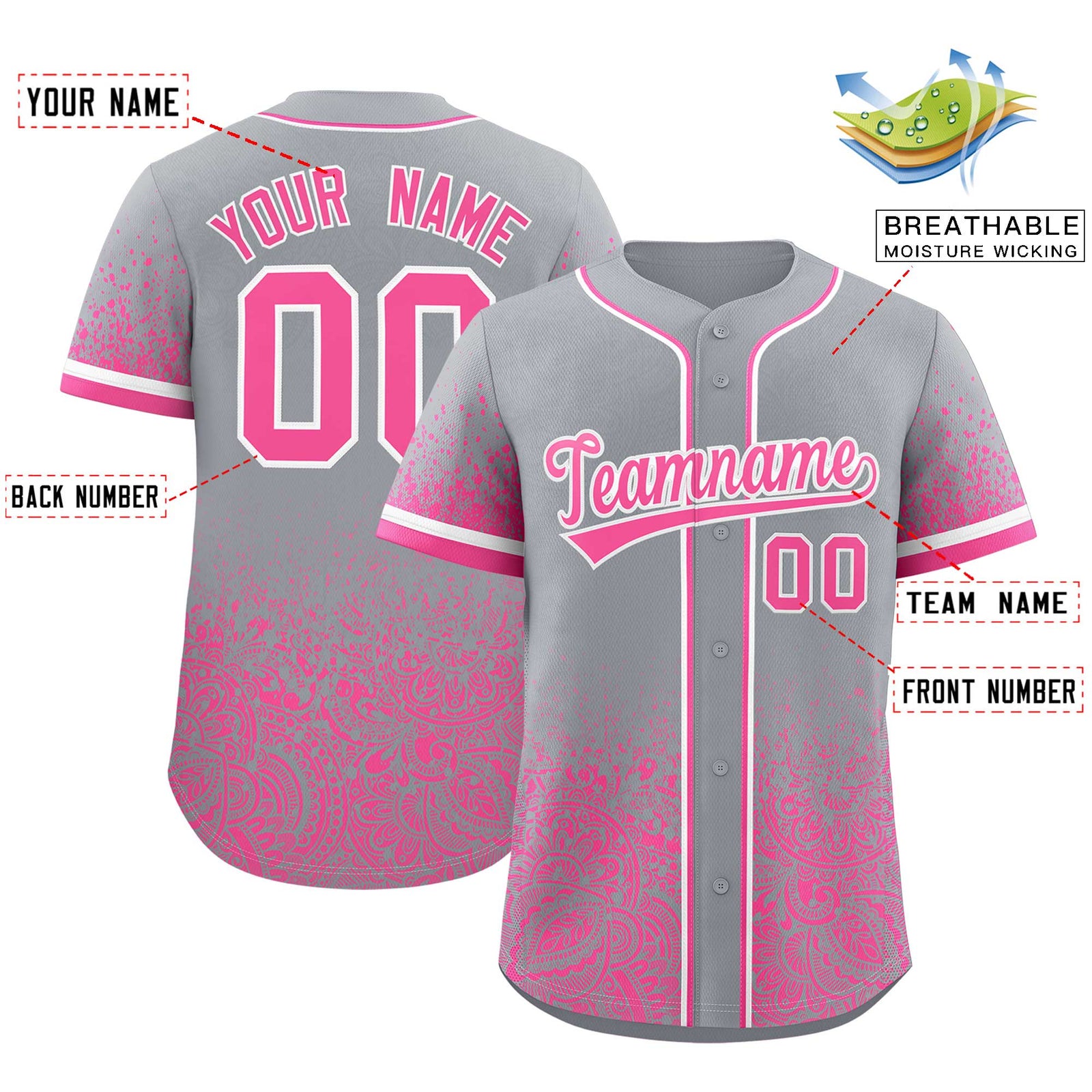 Custom Gray Pink Floral Print Pattern Full Button Gradient Fashion Baseball Jersey