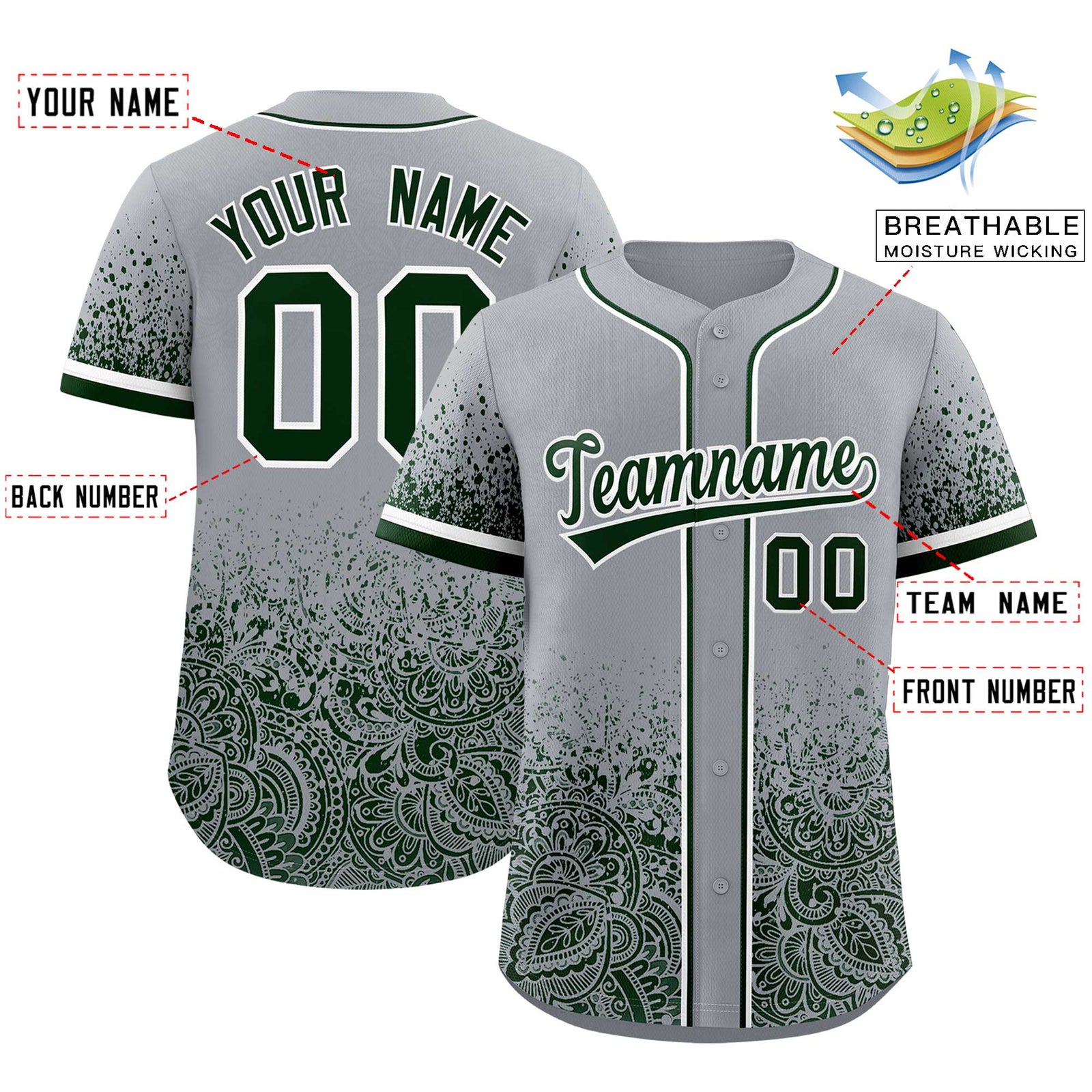 Custom Gray Green Floral Print Pattern Full Button Gradient Fashion Baseball Jersey