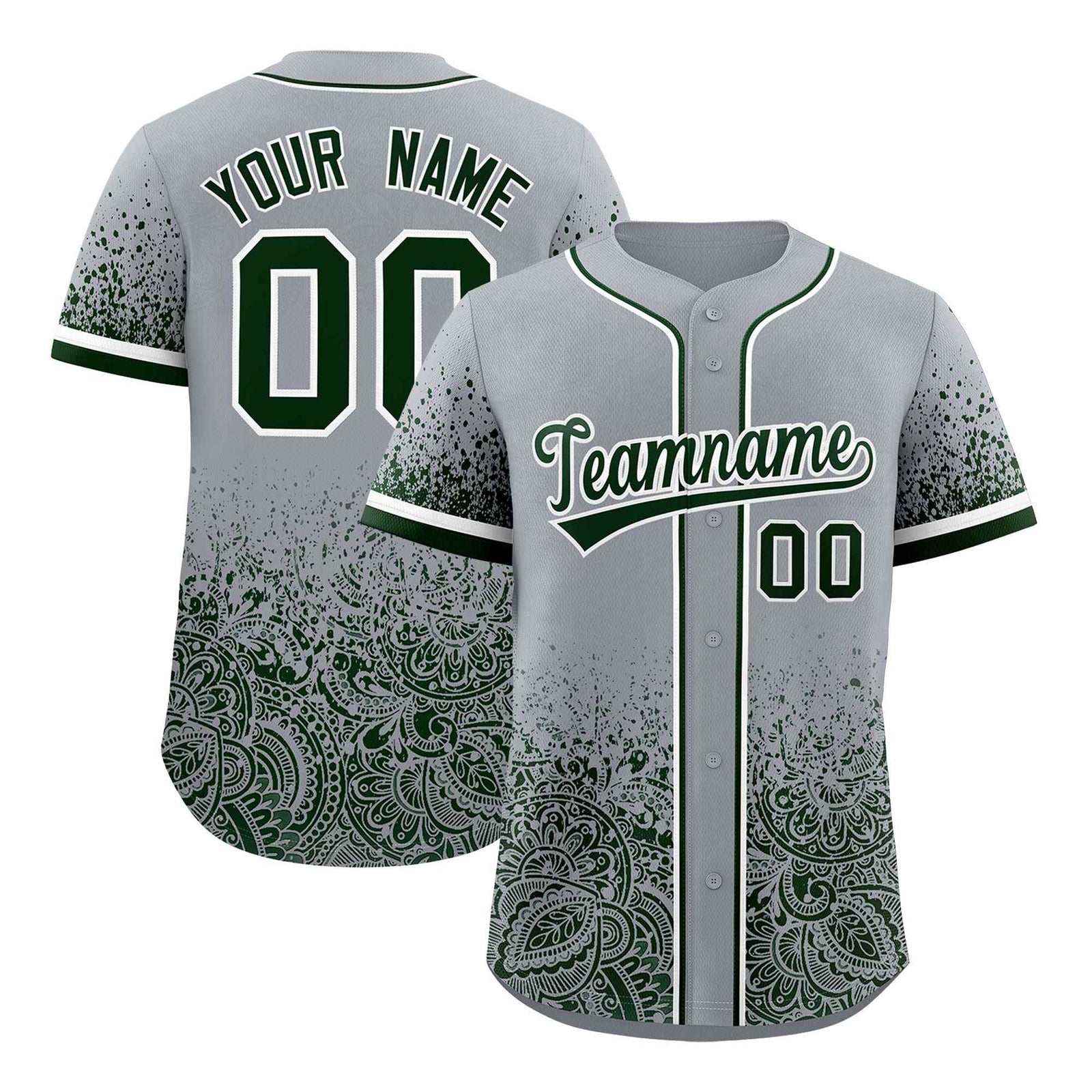 Custom Gray Green Floral Print Pattern Full Button Gradient Fashion Baseball Jersey
