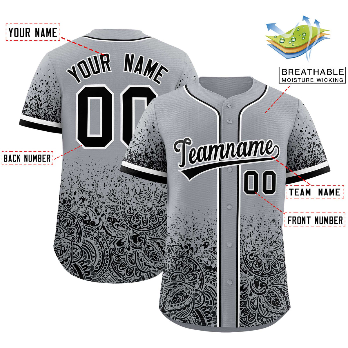 Custom Gray Black Floral Print Pattern Full Button Gradient Fashion Baseball Jersey
