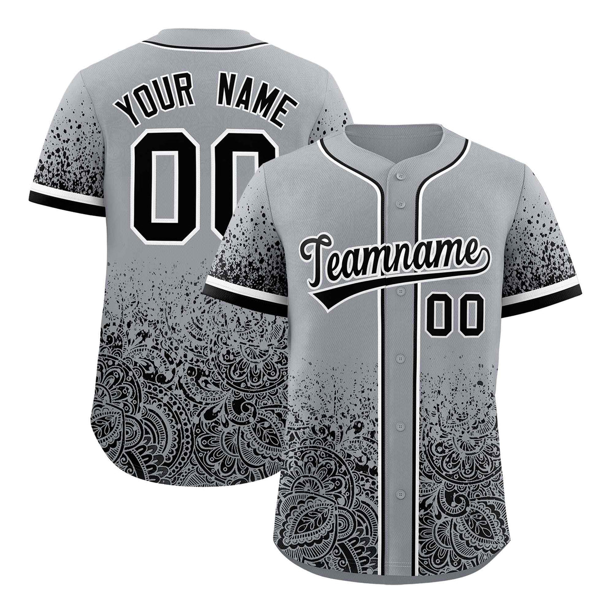 Custom Gray Black Floral Print Pattern Full Button Gradient Fashion Baseball Jersey