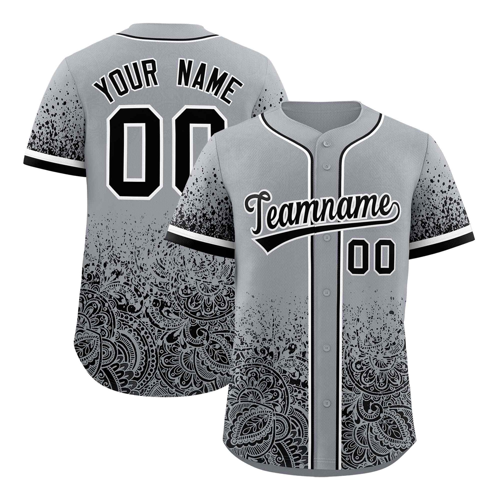 Custom Gray Black Floral Print Pattern Full Button Gradient Fashion Baseball Jersey