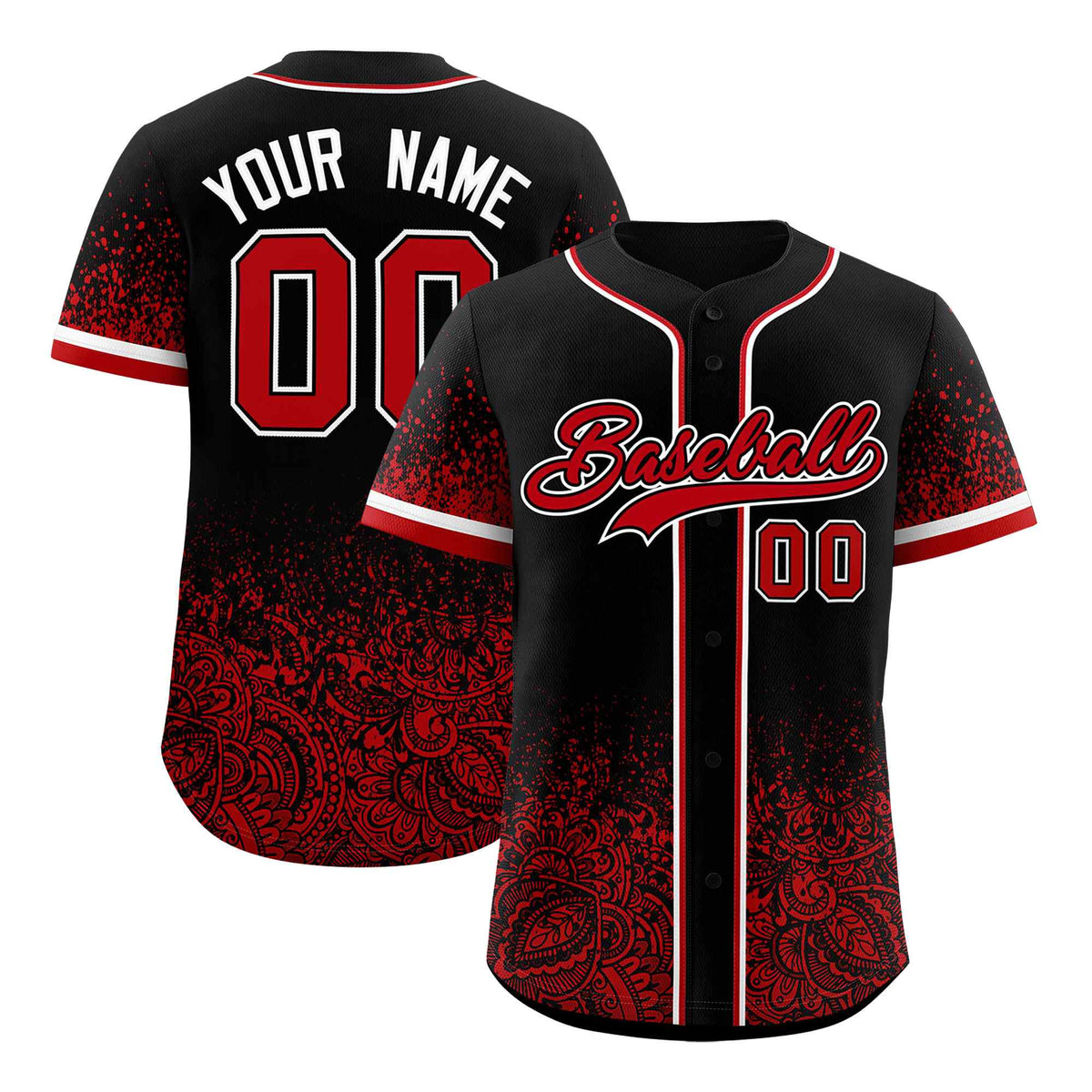 Custom Black Red Floral Print Pattern Full Button Gradient Fashion Baseball Jersey