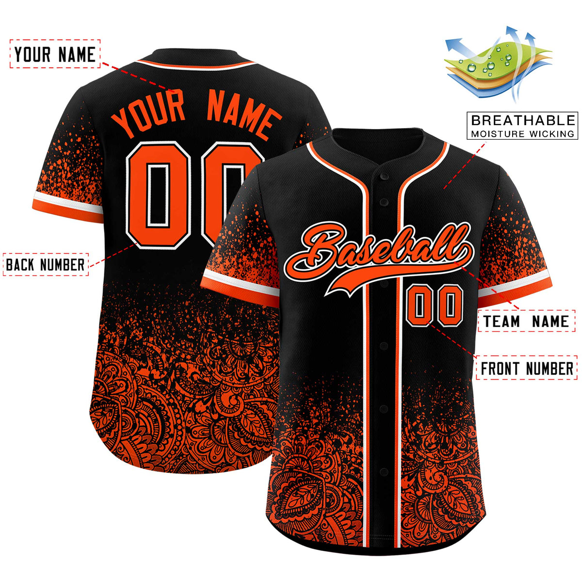 Custom Black Orange Floral Print Pattern Full Button Gradient Fashion Baseball Jersey