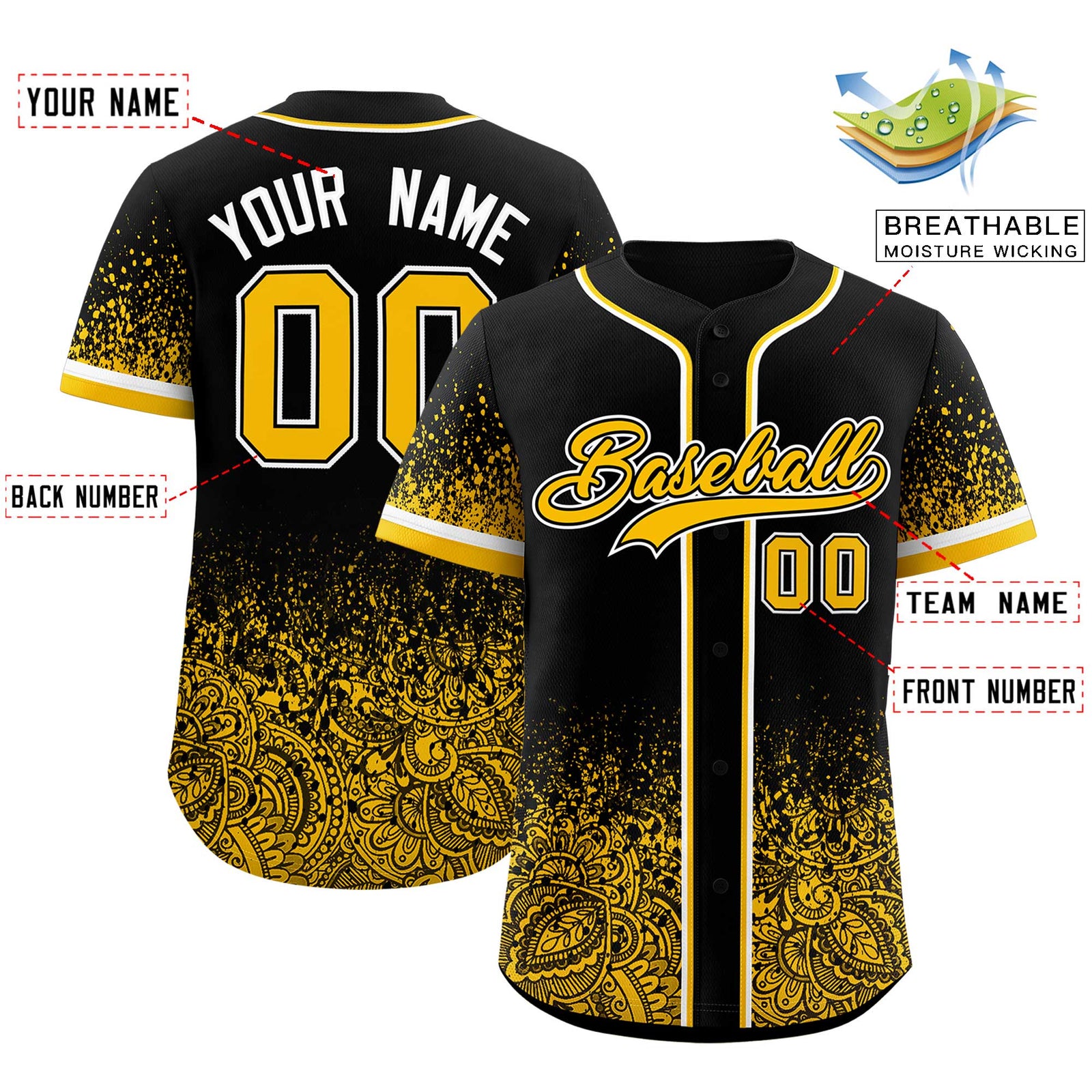 Custom Black Yellow Floral Print Pattern Full Button Gradient Fashion Baseball Jersey