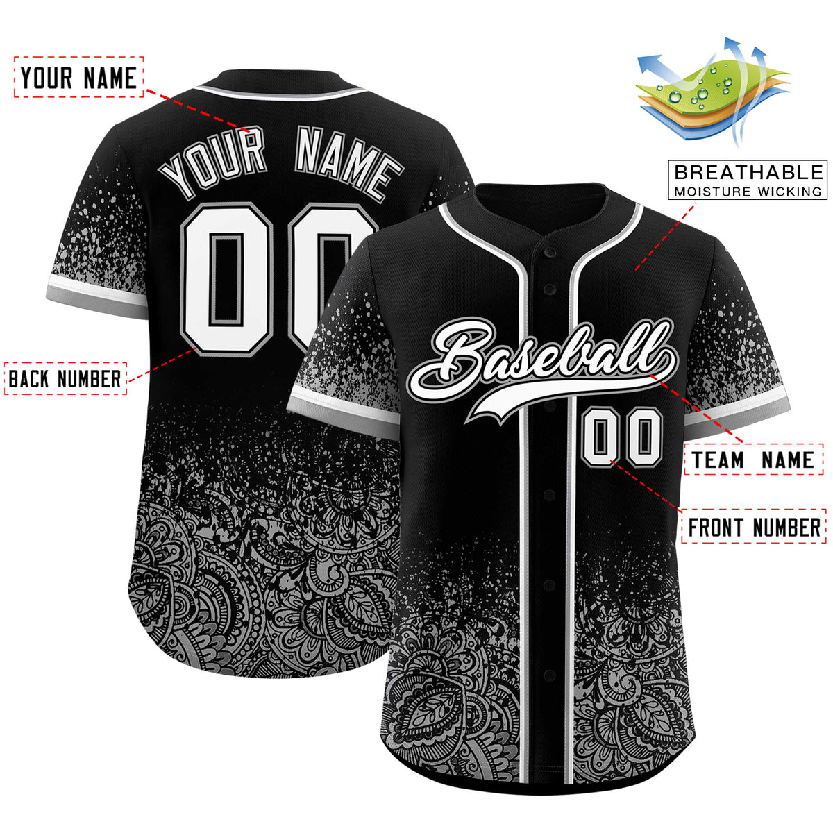 Custom Black Gray Floral Print Pattern Full Button Gradient Fashion Baseball Jersey