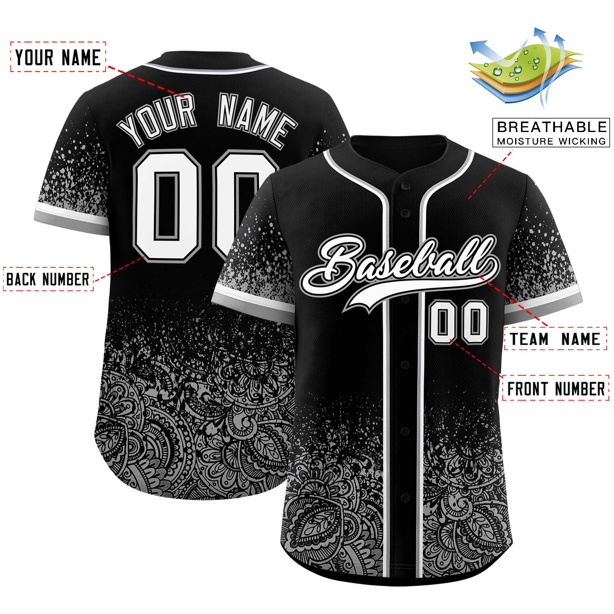 Custom Black Gray Floral Print Pattern Full Button Gradient Fashion Baseball Jersey