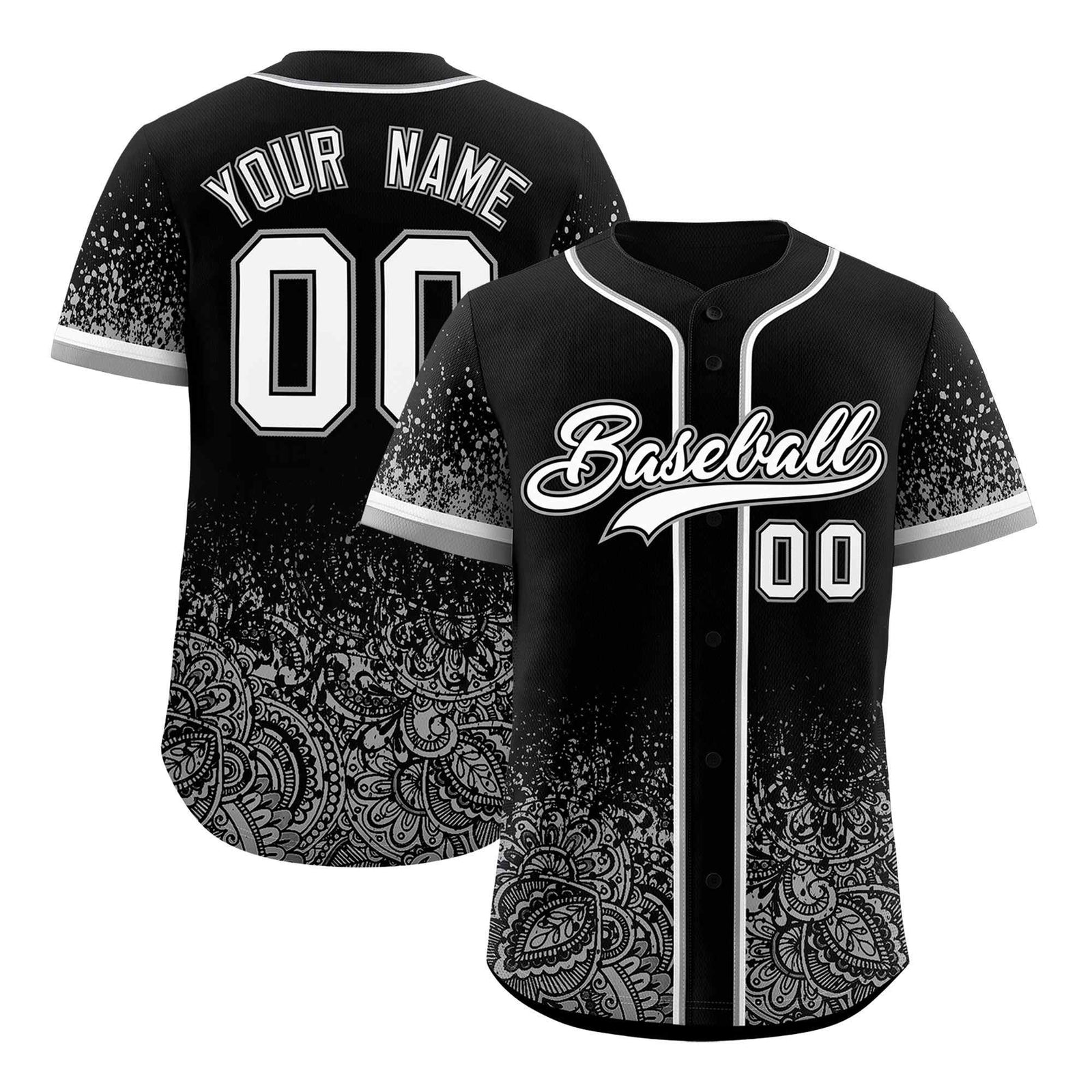 Custom Black Gray Floral Print Pattern Full Button Gradient Fashion Baseball Jersey