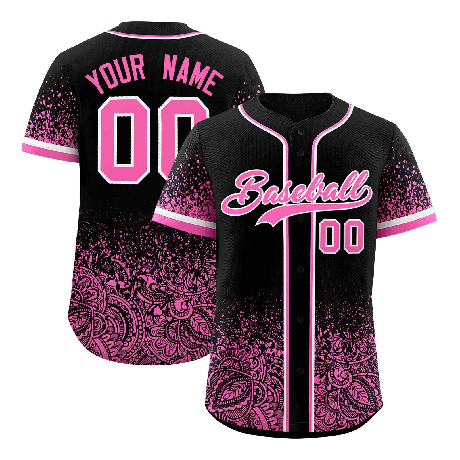 Custom Black Pink Floral Print Pattern Full Button Gradient Fashion Baseball Jersey