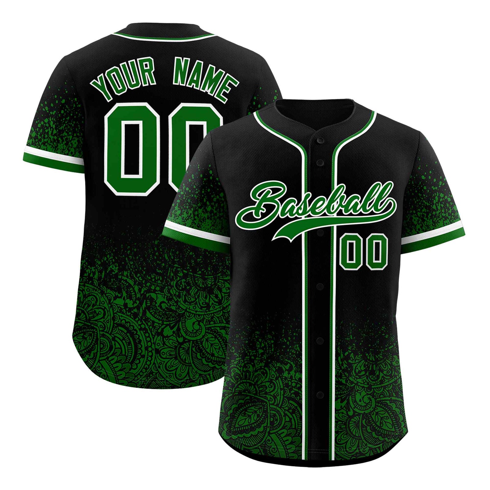 Custom Black Kelly Green Floral Print Pattern Full Button Gradient Fashion Baseball Jersey