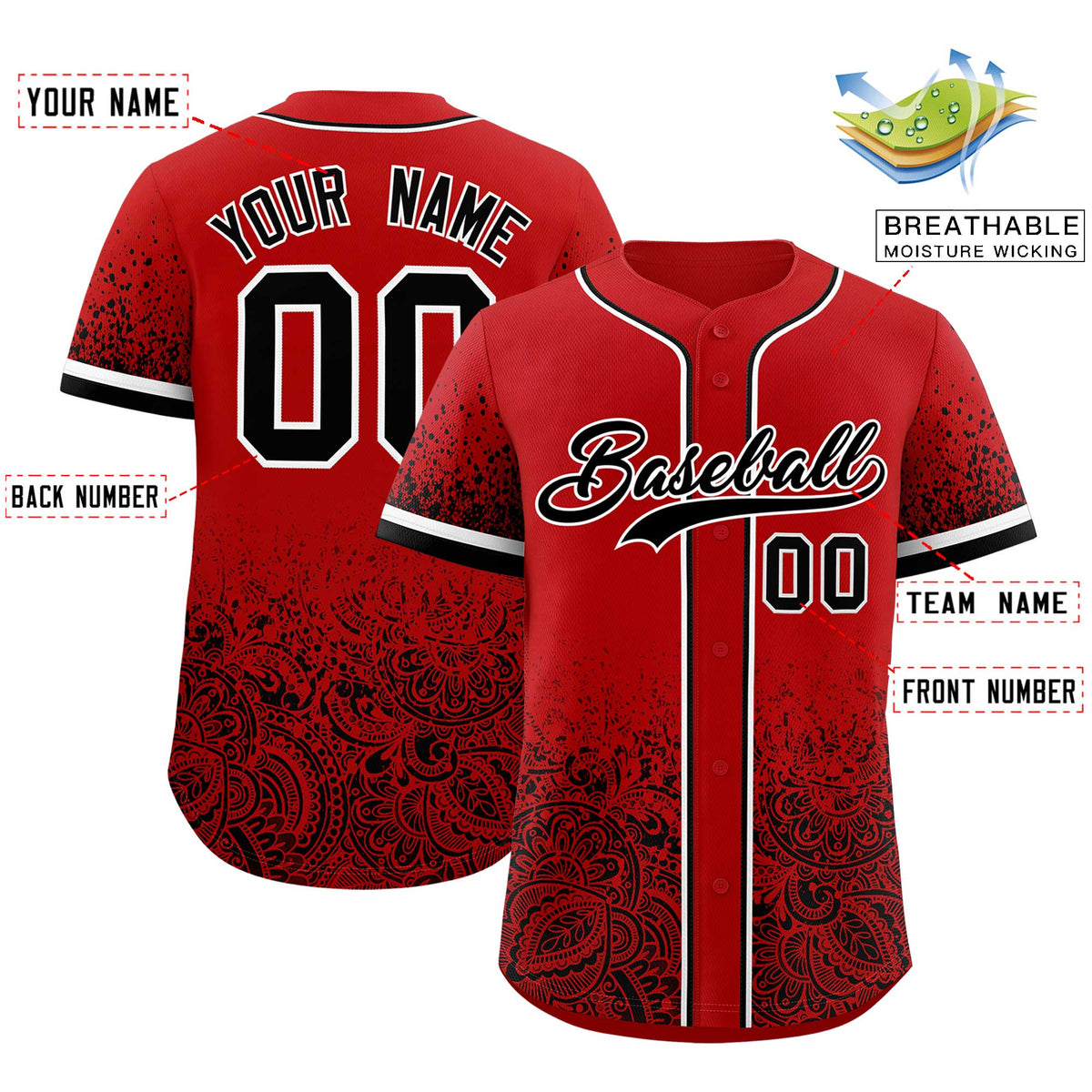 Custom Red Black Floral Print Pattern Full Button Gradient Fashion Baseball Jersey