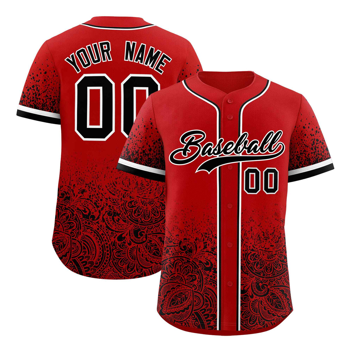 Custom Red Black Floral Print Pattern Full Button Gradient Fashion Baseball Jersey
