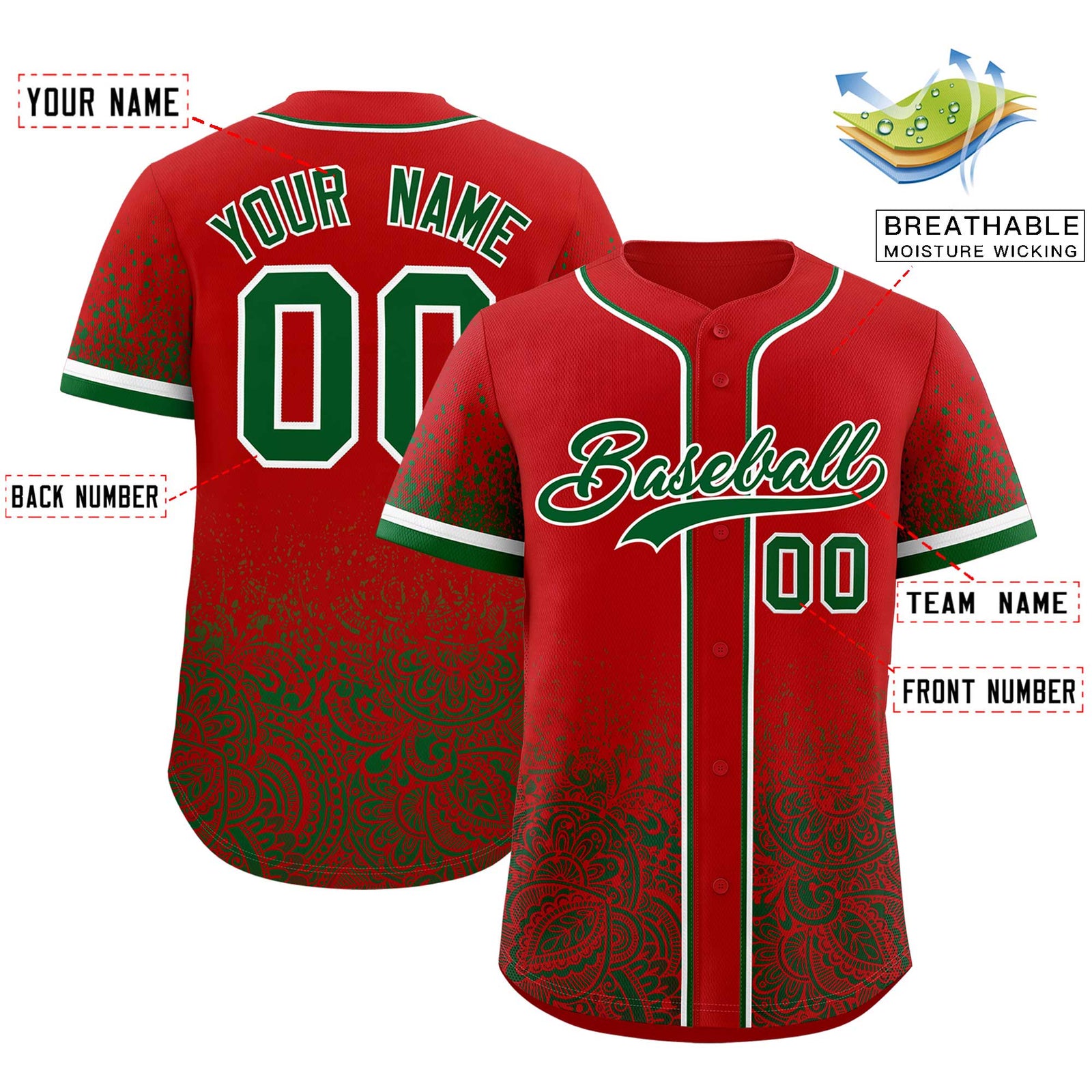 Custom Red Kelly Green Floral Print Pattern Full Button Gradient Fashion Baseball Jersey