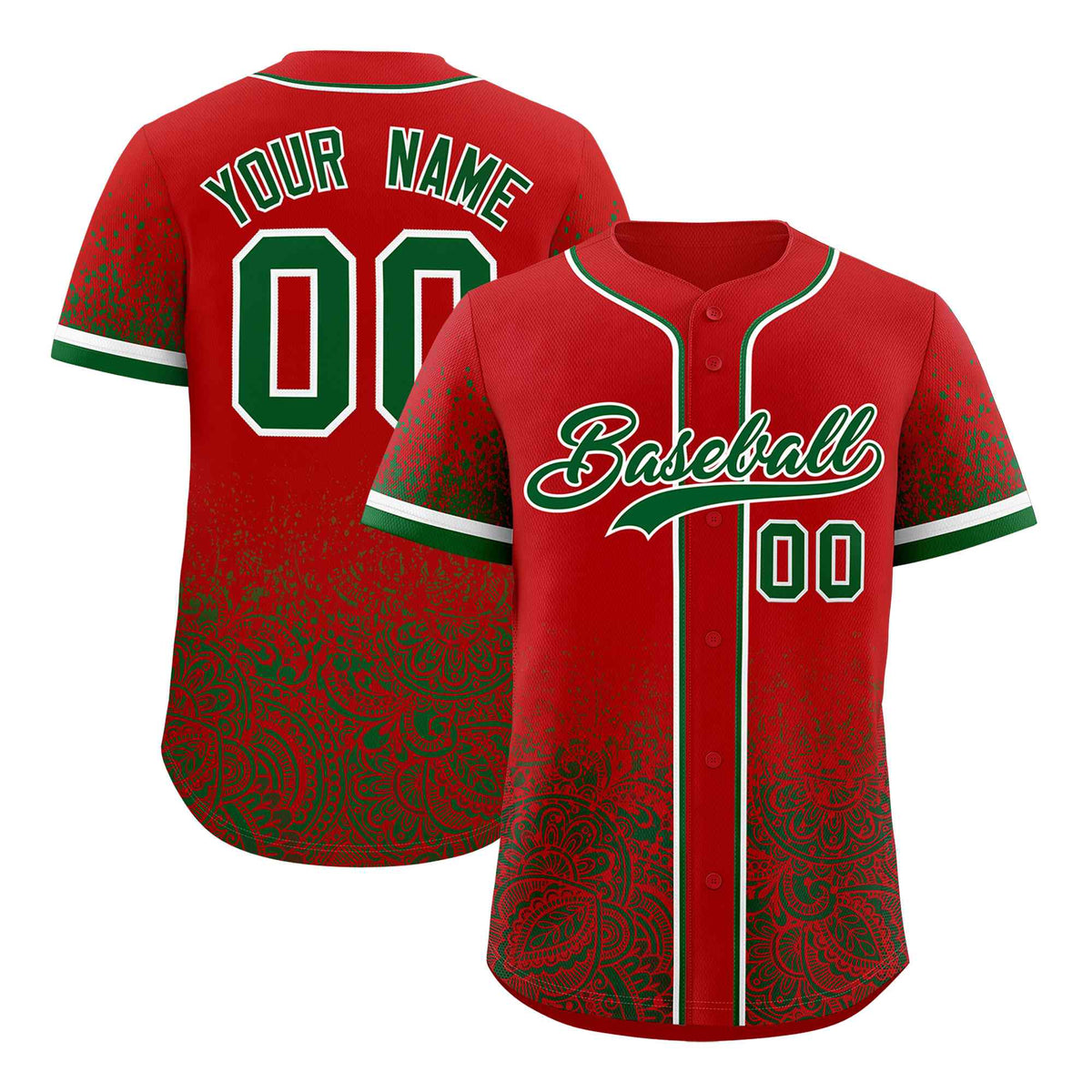 Custom Red Kelly Green Floral Print Pattern Full Button Gradient Fashion Baseball Jersey