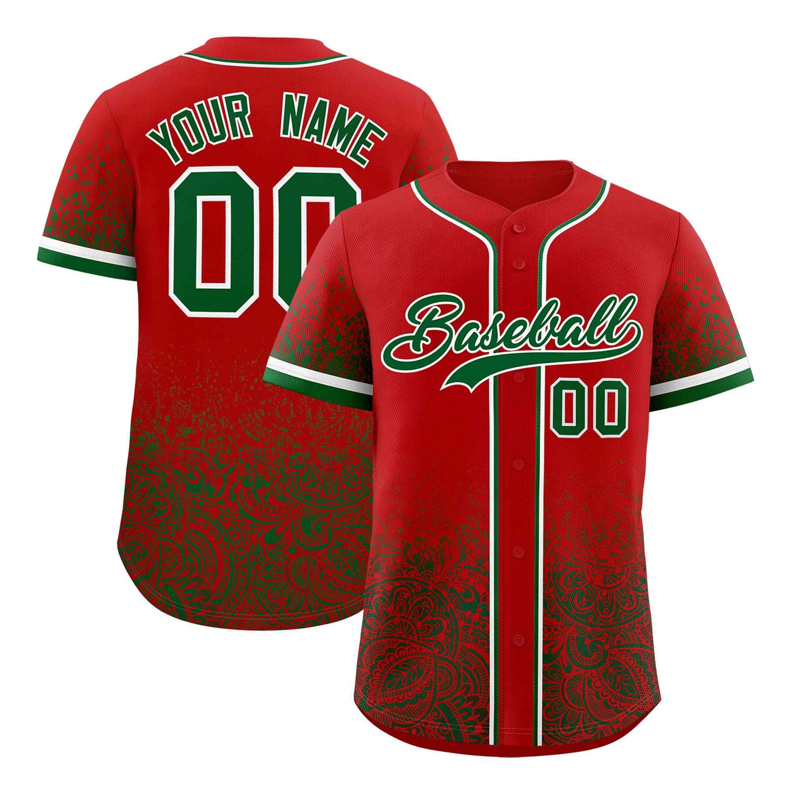 Custom Red Kelly Green Floral Print Pattern Full Button Gradient Fashion Baseball Jersey