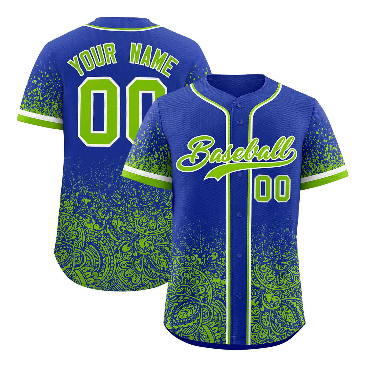 Custom Royal Neon Green Floral Print Pattern Full Button Gradient Fashion Baseball Jersey