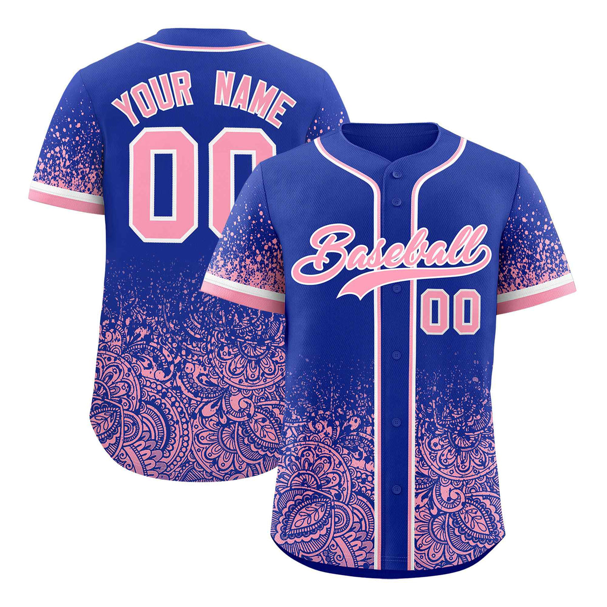 Custom Royal Light Pink Floral Print Pattern Full Button Gradient Fashion Baseball Jersey