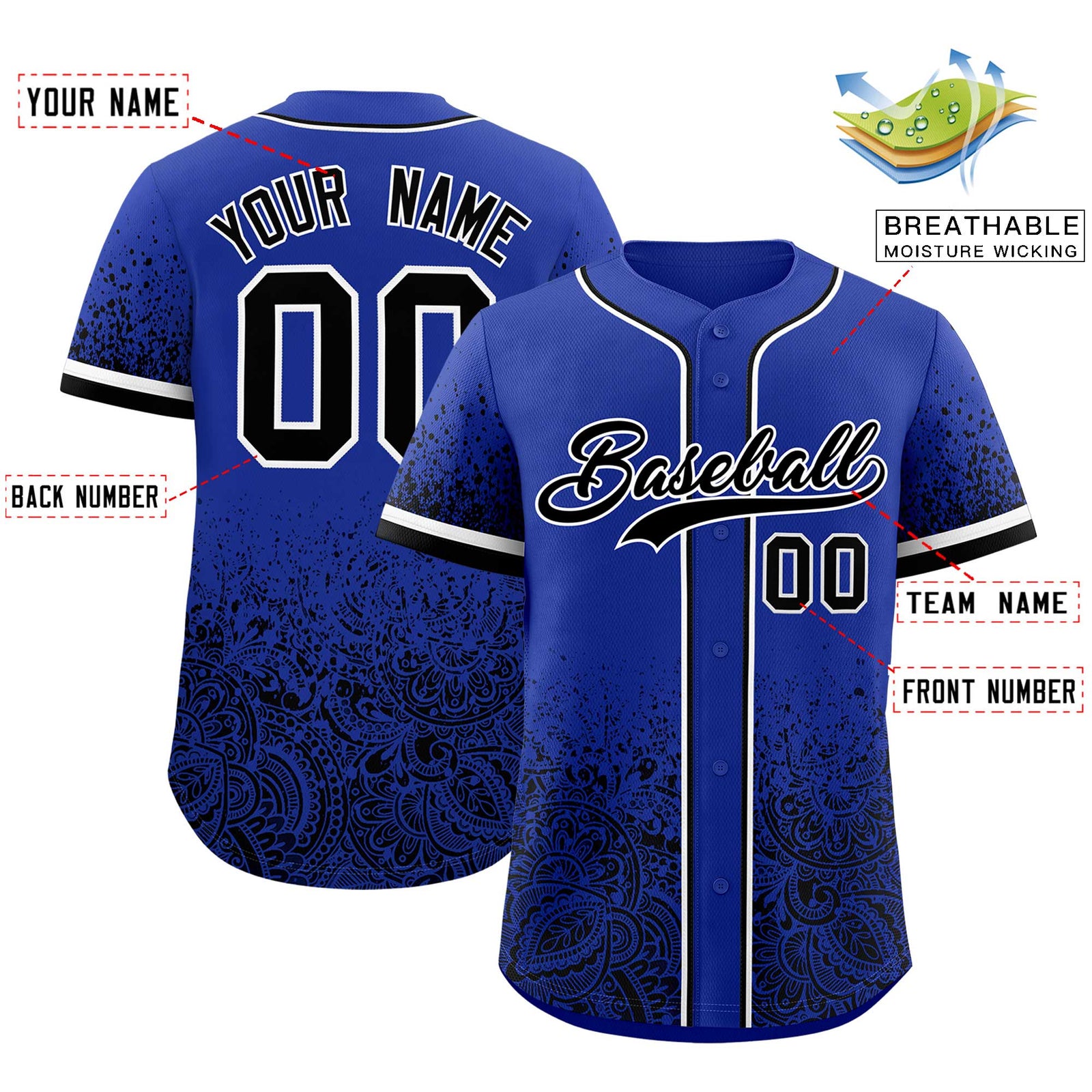 Custom Royal Black Floral Print Pattern Full Button Gradient Fashion Baseball Jersey