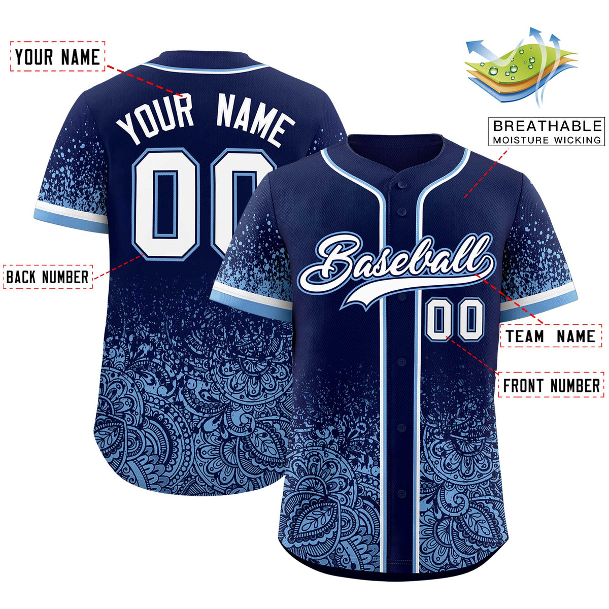 Custom Navy Powder Blue Floral Print Pattern Full Button Gradient Fashion Baseball Jersey