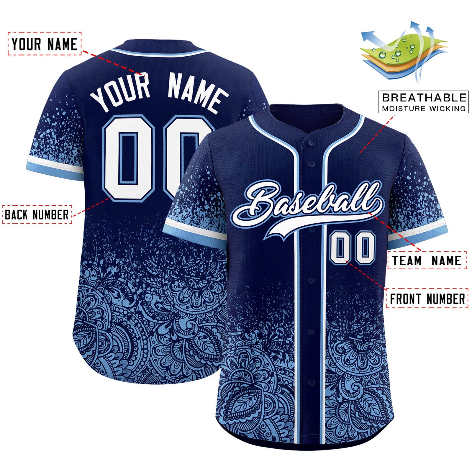 Custom Navy Powder Blue Floral Print Pattern Full Button Gradient Fashion Baseball Jersey