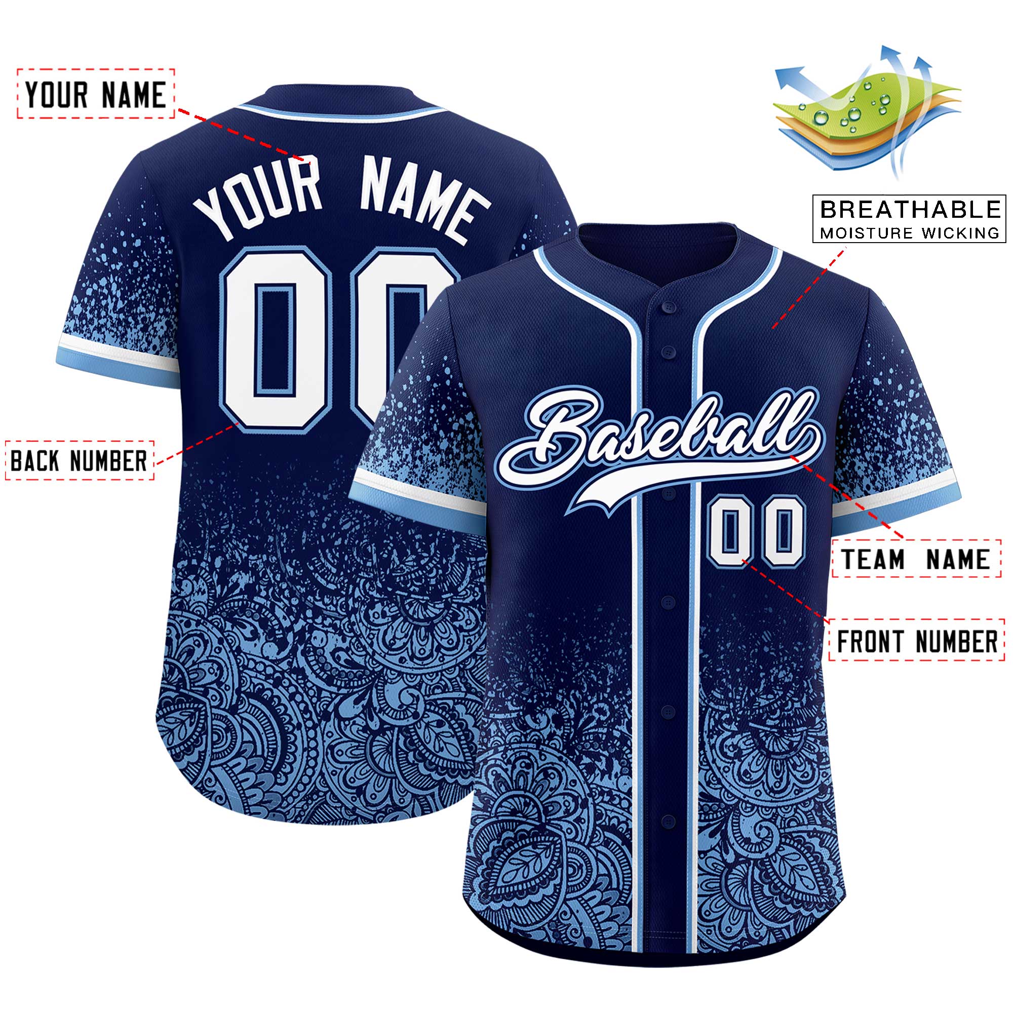 Custom Navy Powder Blue Floral Print Pattern Full Button Gradient Fashion Baseball Jersey