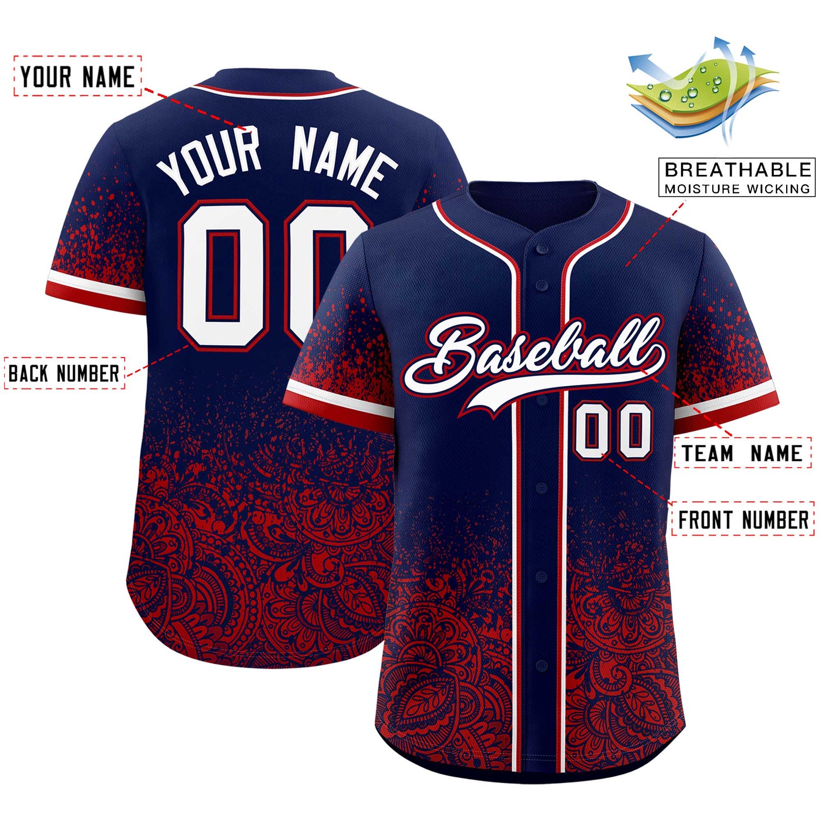 Custom Navy Red Floral Print Pattern Full Button Gradient Fashion Baseball Jersey
