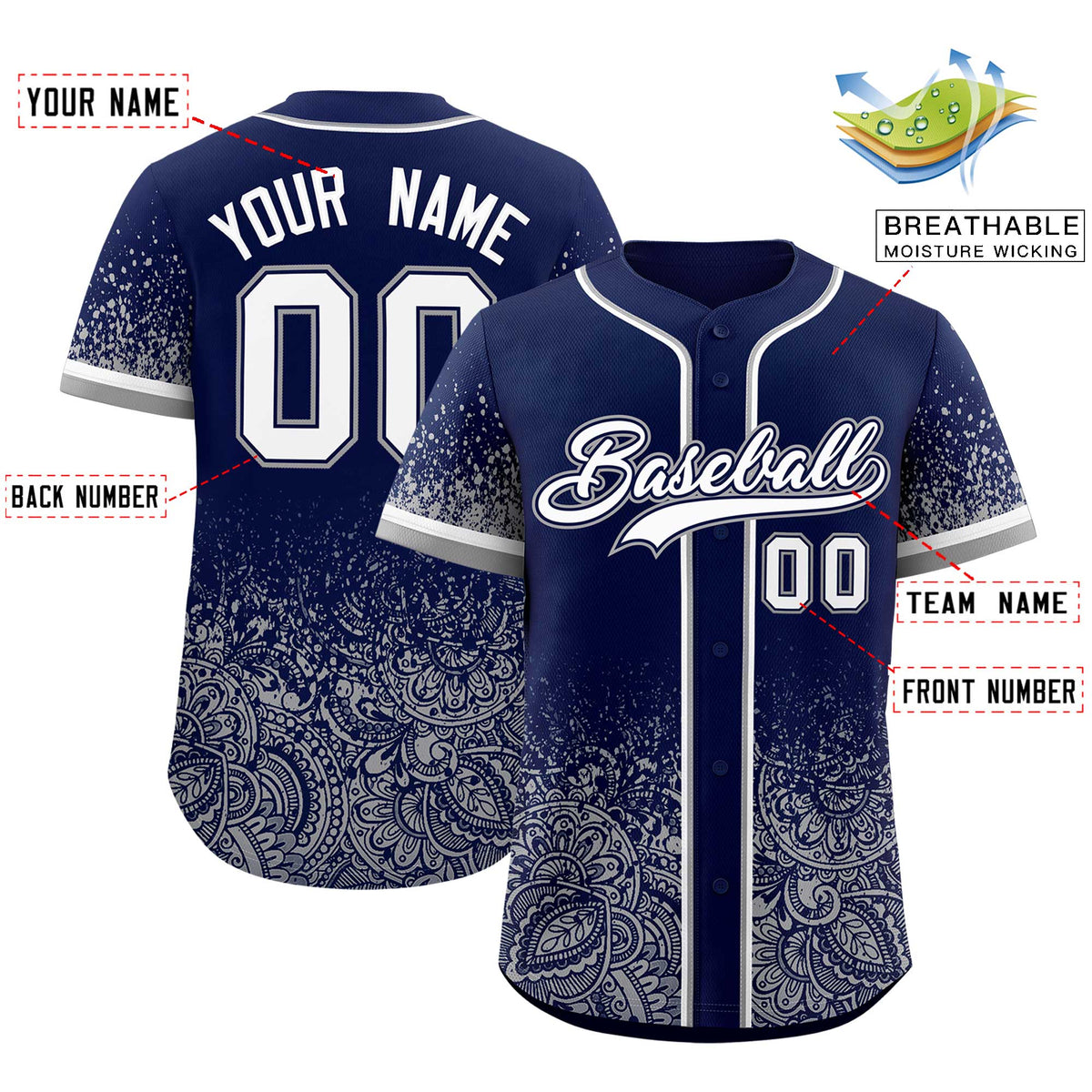 Custom Navy Gray Floral Print Pattern Full Button Gradient Fashion Baseball Jersey