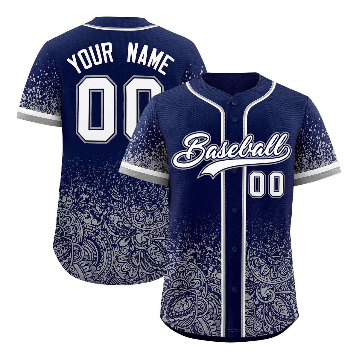 Custom Navy Gray Floral Print Pattern Full Button Gradient Fashion Baseball Jersey