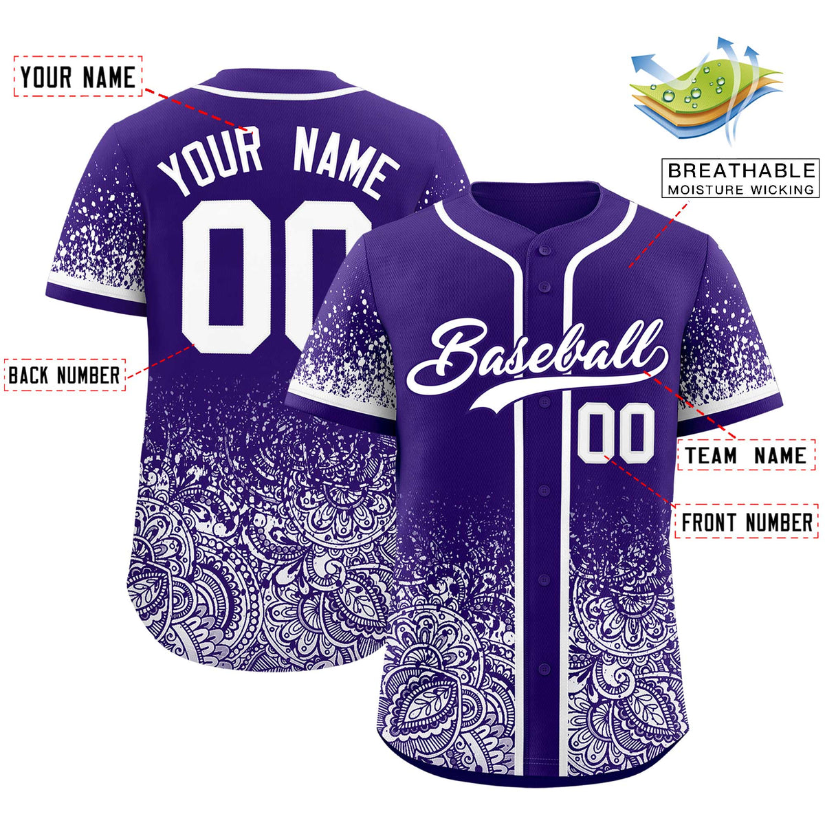 Custom Purple White Floral Print Pattern Full Button Gradient Fashion Baseball Jersey