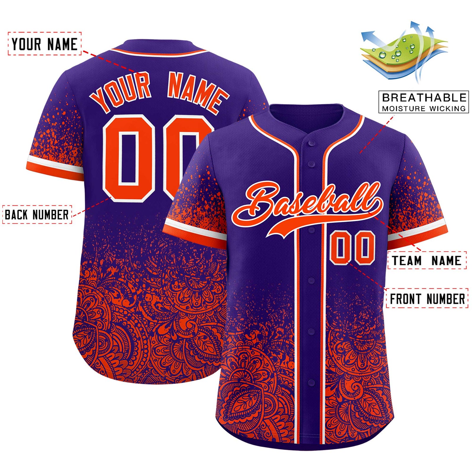 Custom Purple Orange Floral Print Pattern Full Button Gradient Fashion Baseball Jersey
