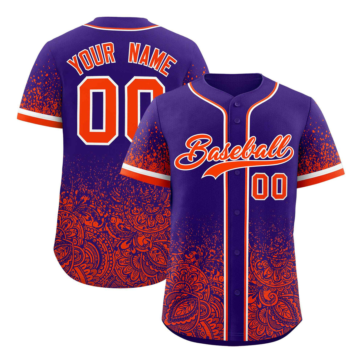 Custom Purple Orange Floral Print Pattern Full Button Gradient Fashion Baseball Jersey