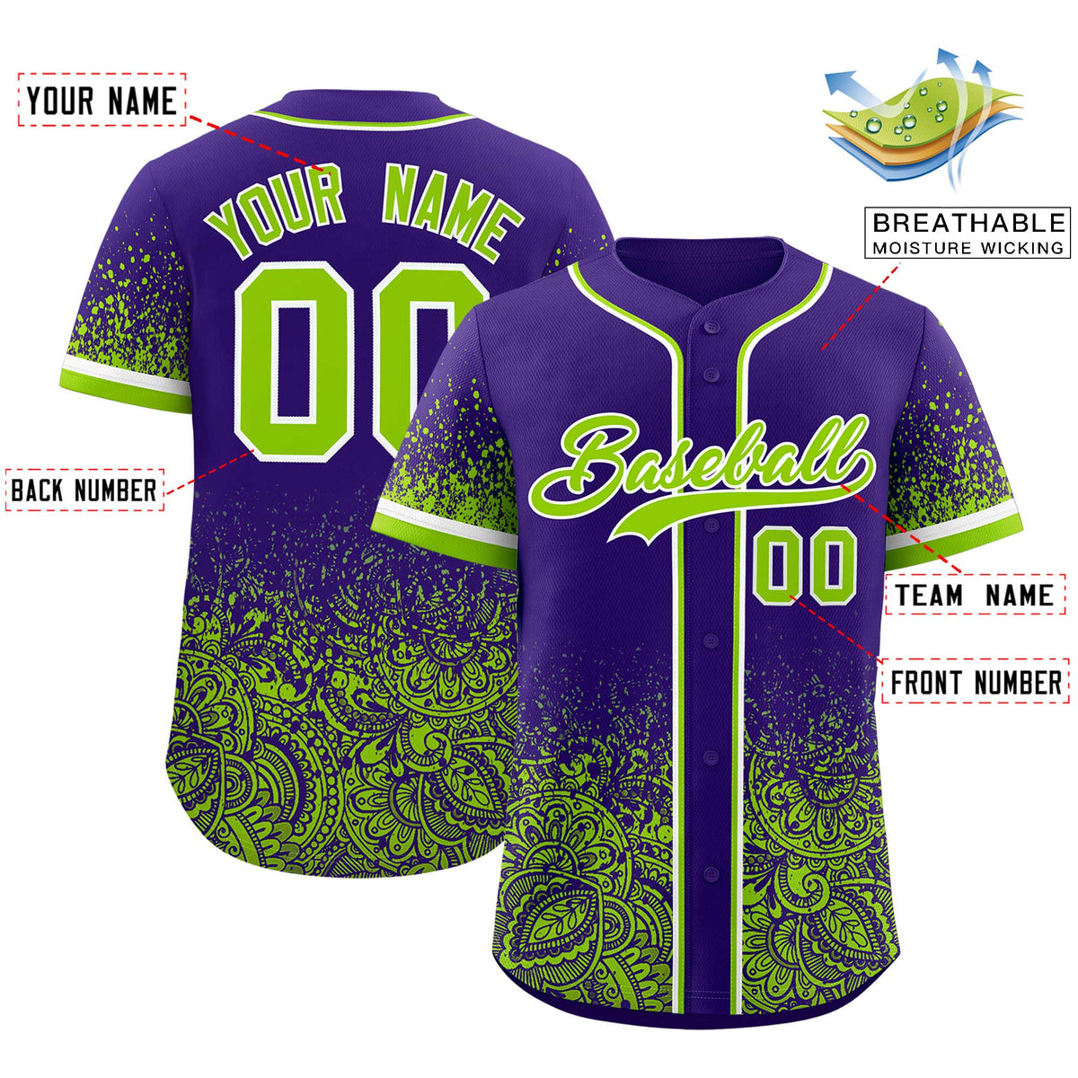 Custom Purple Neon Green Floral Print Pattern Full Button Gradient Fashion Baseball Jersey