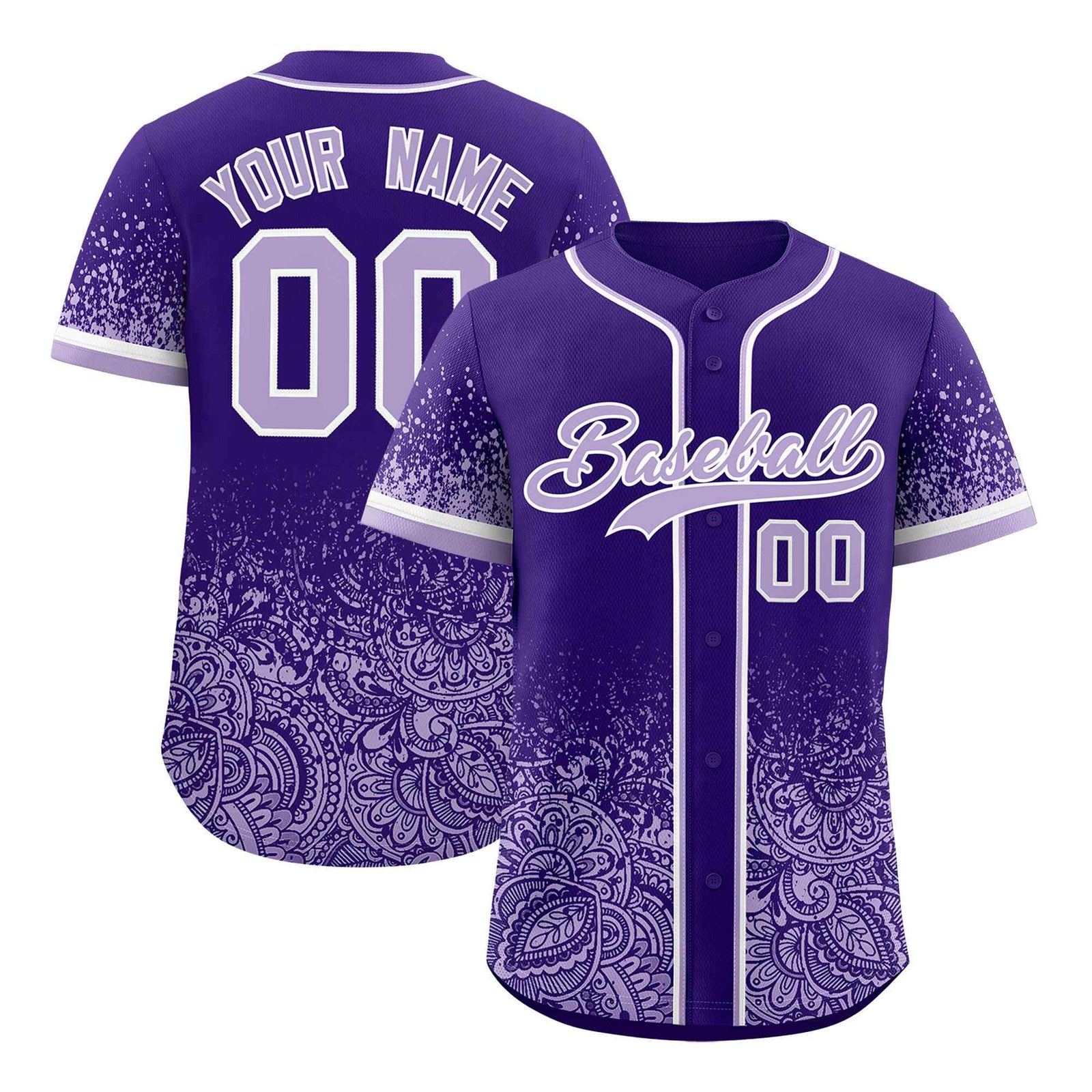 Custom Purple Light Purple Floral Print Pattern Full Button Gradient Fashion Baseball Jersey