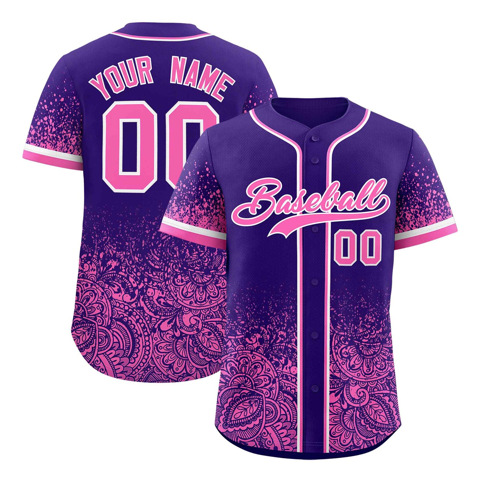 Custom Purple Pink Floral Print Pattern Full Button Gradient Fashion Baseball Jersey