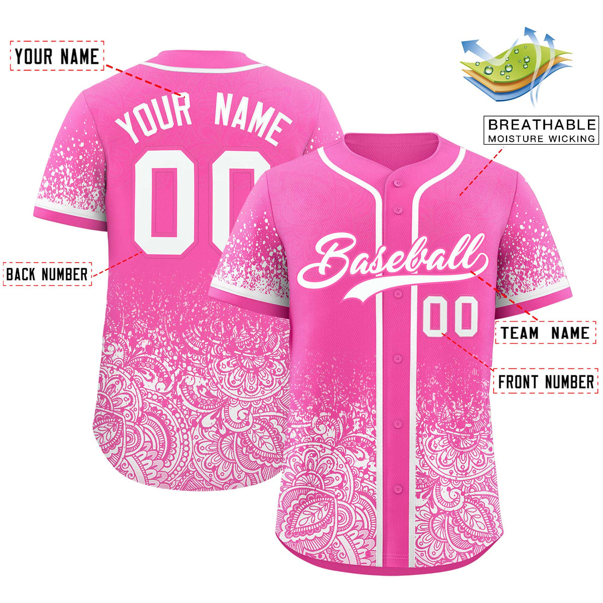 Custom Pink White Floral Print Pattern Full Button Gradient Fashion Baseball Jersey