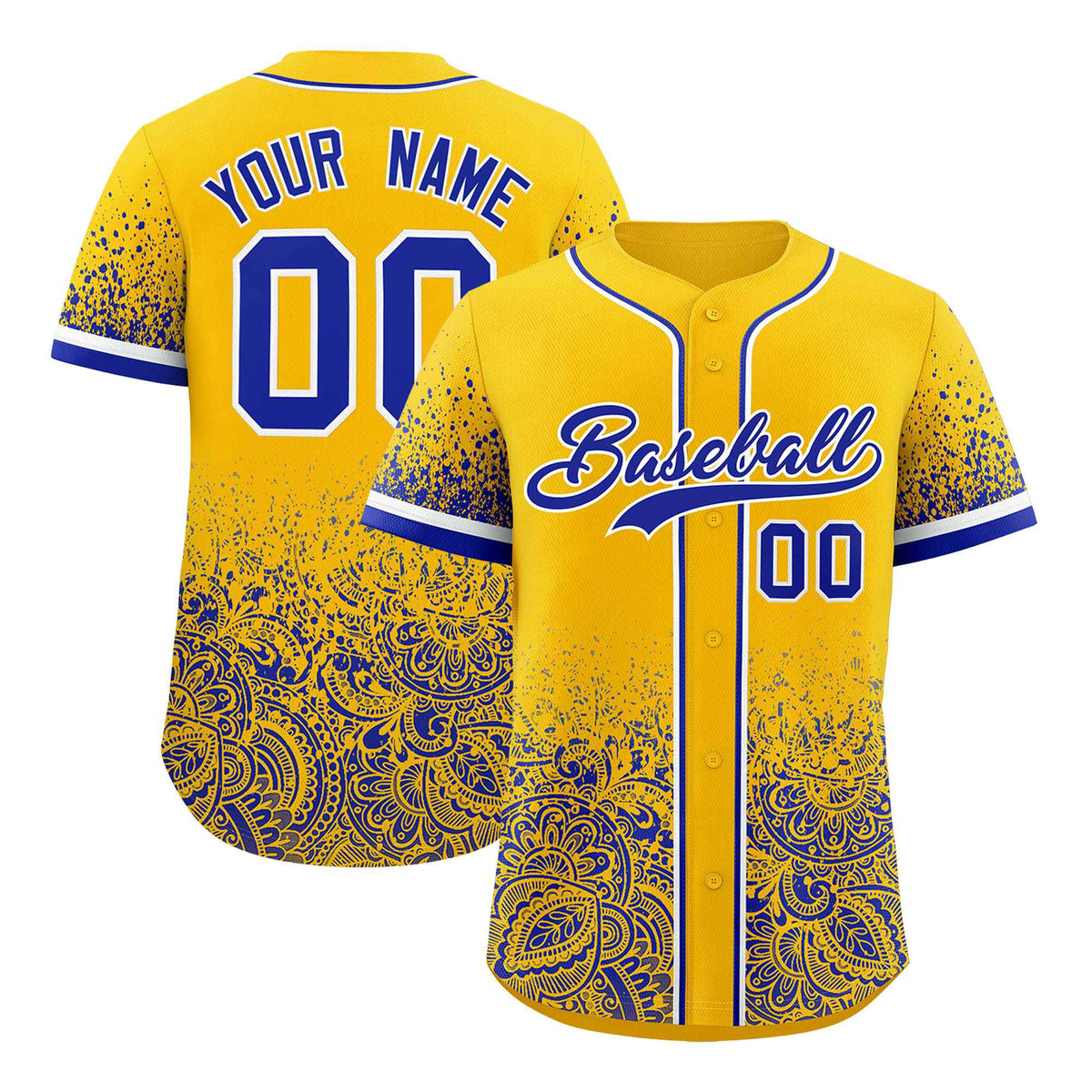 Custom Yellow Royal Floral Print Pattern Full Button Gradient Fashion Baseball Jersey