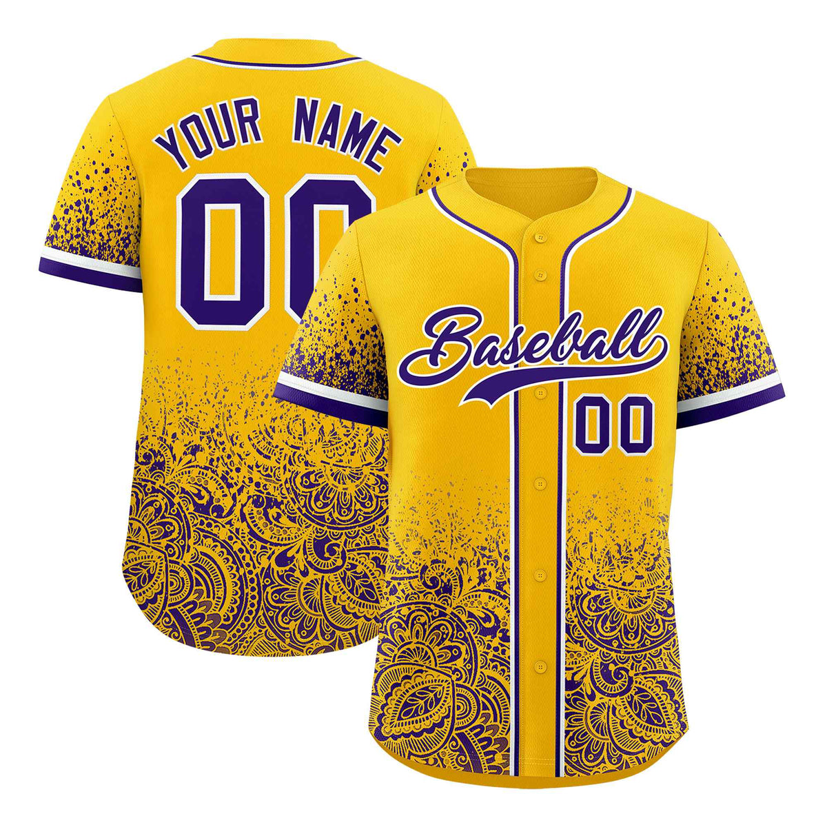 Custom Yellow Purple Floral Print Pattern Full Button Gradient Fashion Baseball Jersey